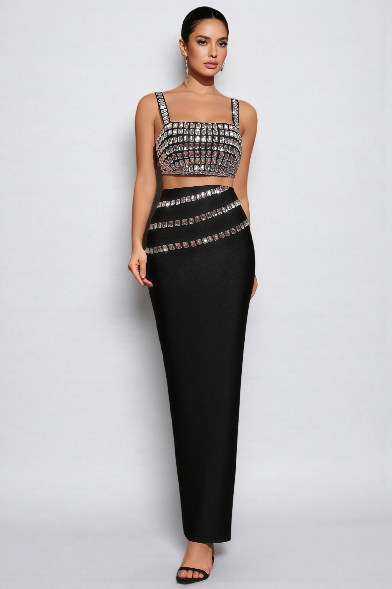 Megan Black Diamond Studded Maxi Dress Set