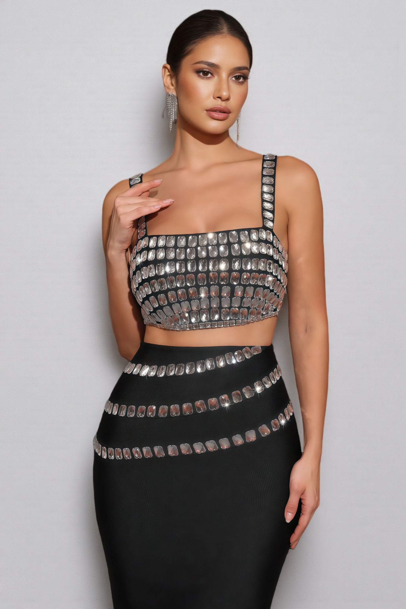 Megan Black Diamond Studded Maxi Dress Set