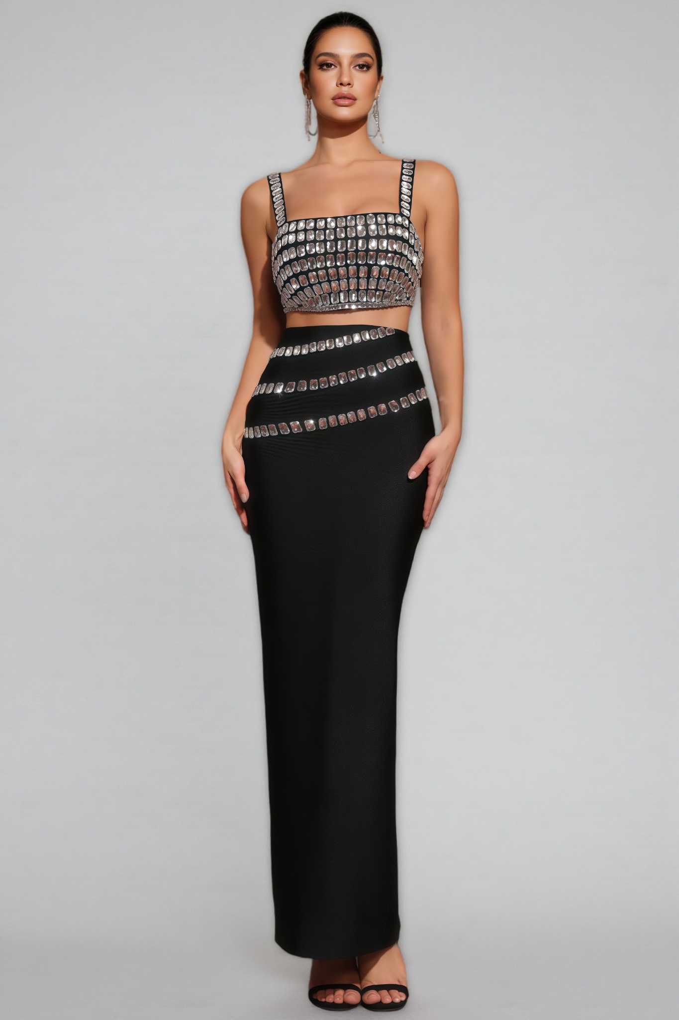 Megan Black Diamond Studded Maxi Dress Set