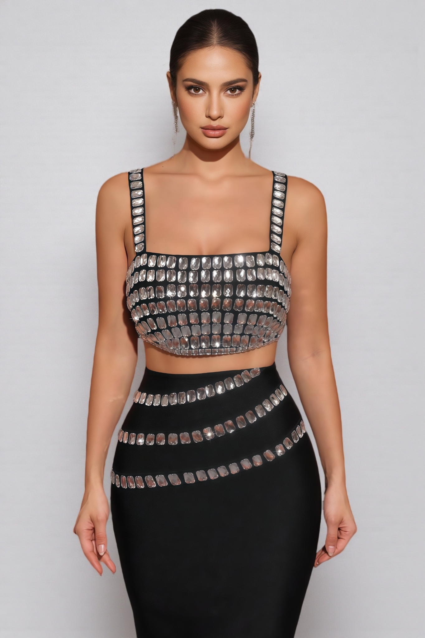 Megan Black Diamond Studded Maxi Dress Set
