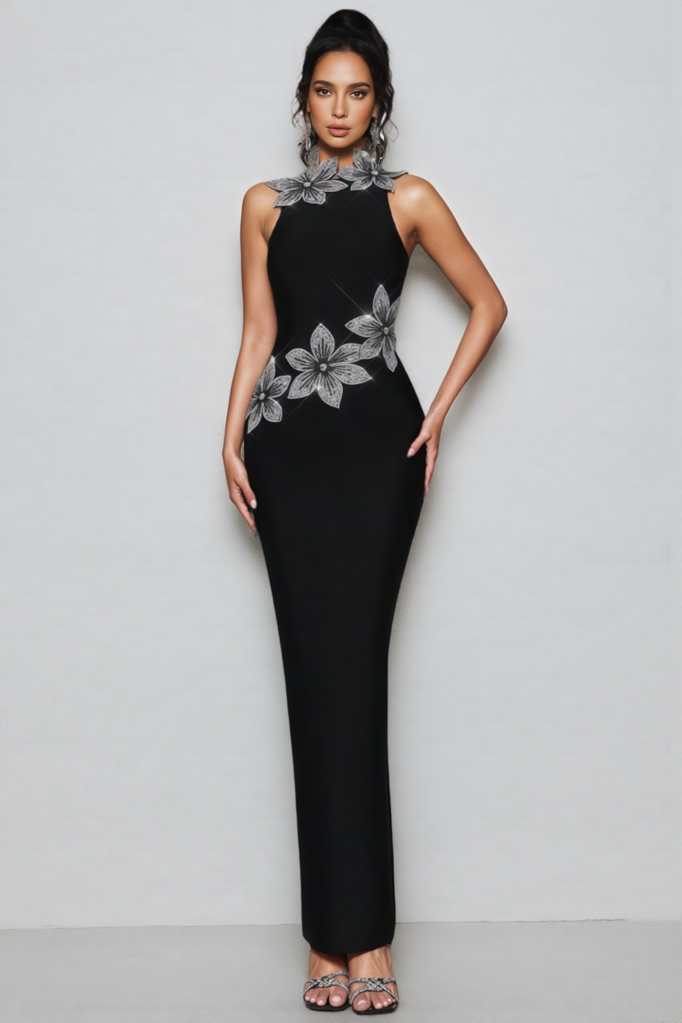 Pam 3D Floral Diamond Bandage  Maxi Dress