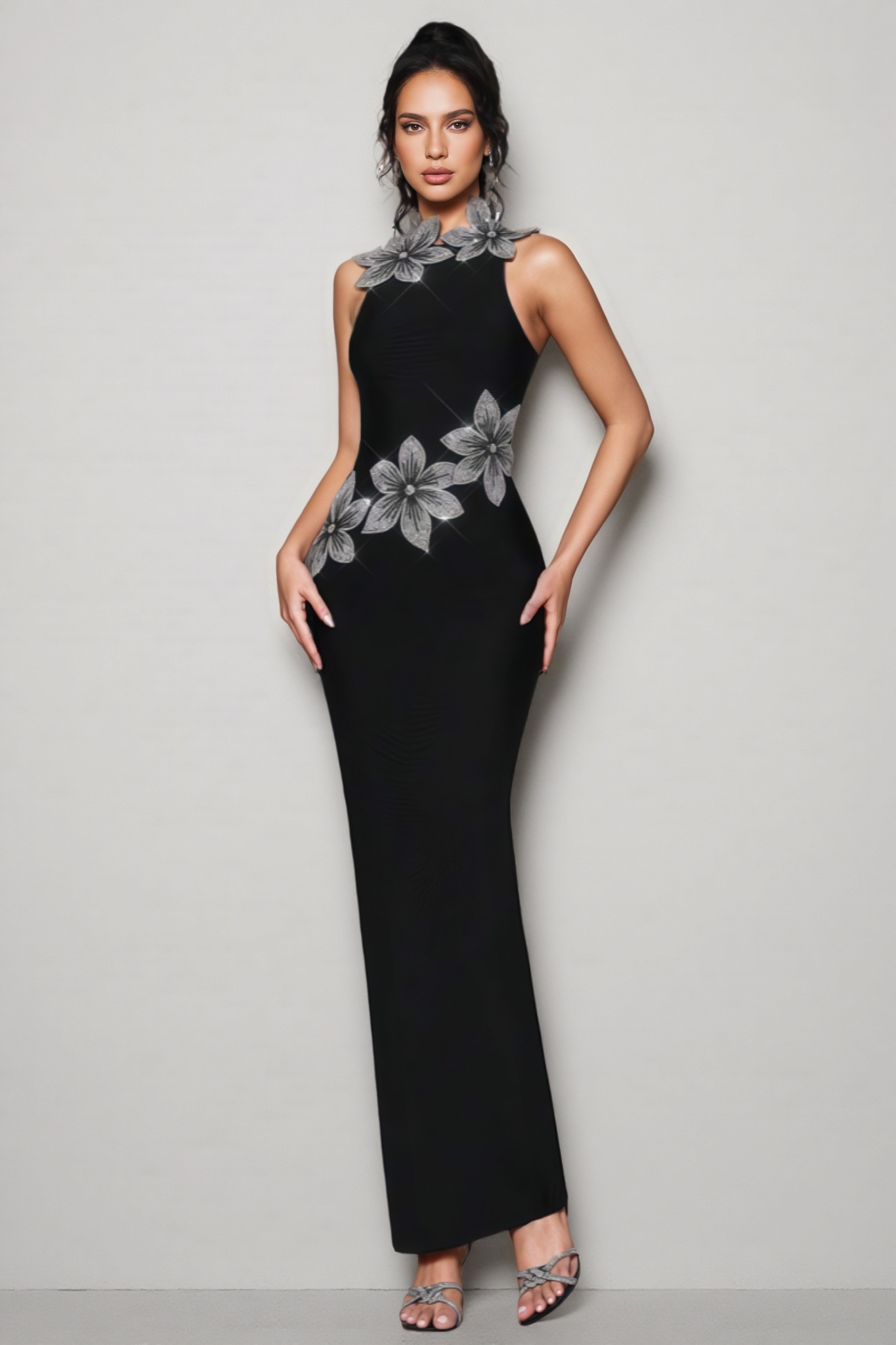 Pam 3D Floral Diamond Bandage  Maxi Dress