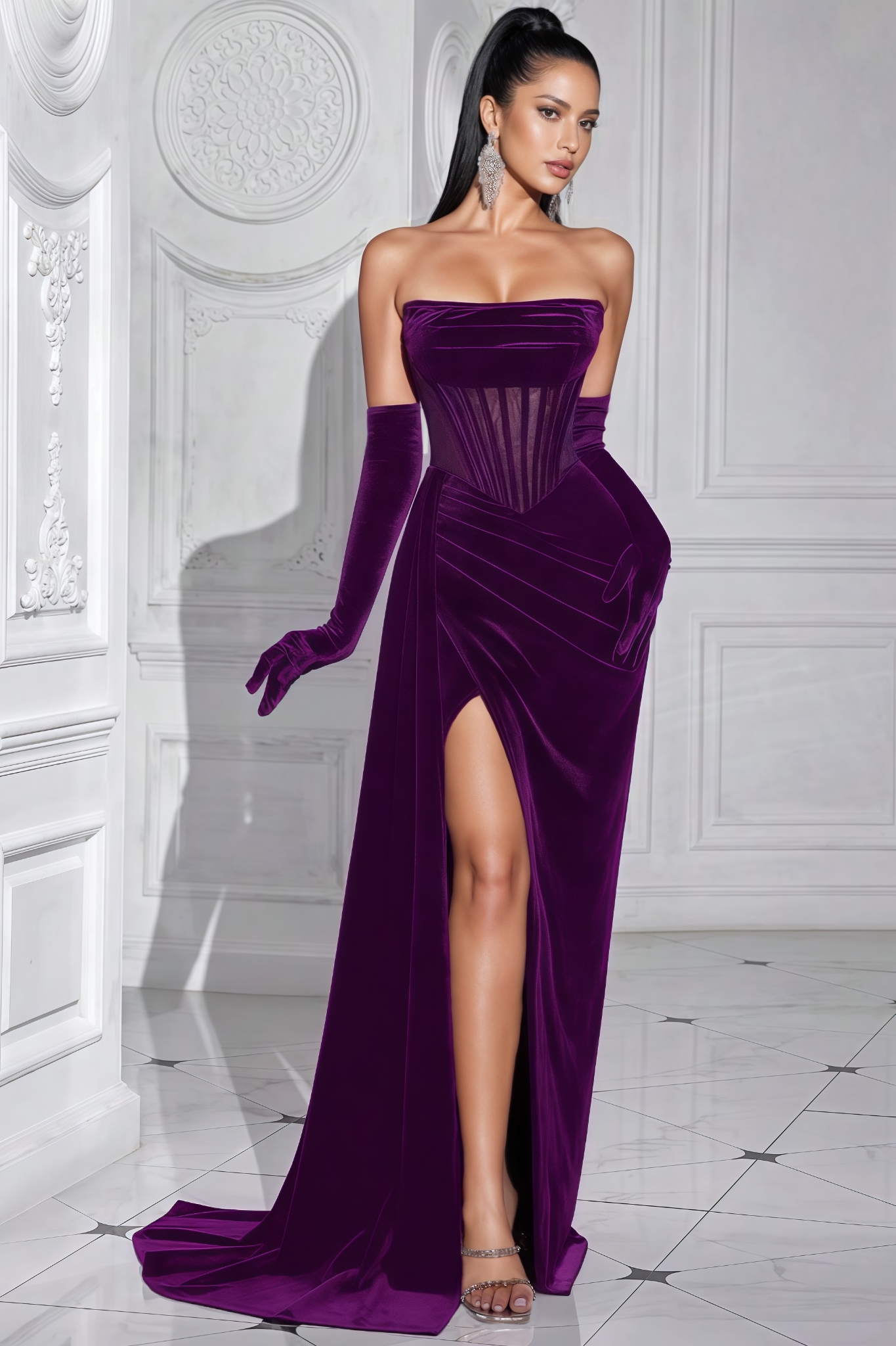 Paisley Purple Velvet Fishbone Maxi Dress