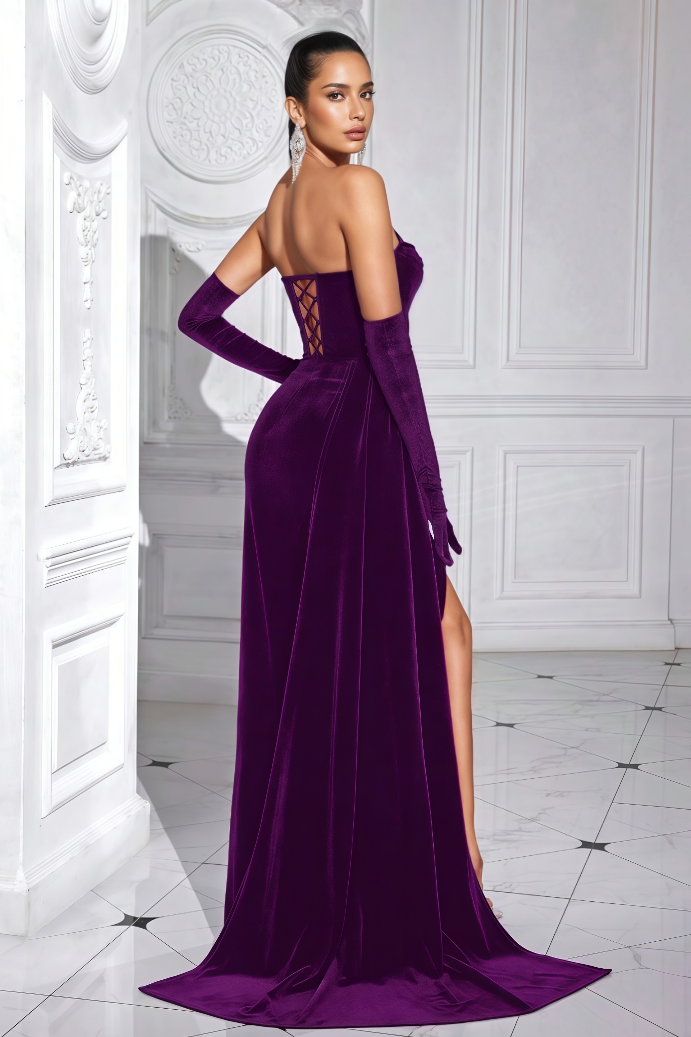 Paisley Purple Velvet Fishbone Maxi Dress