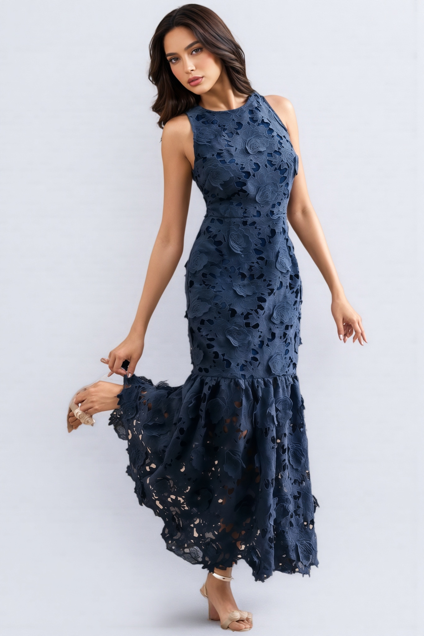 Almond Blue Sleeveless Lace Maxi Dress