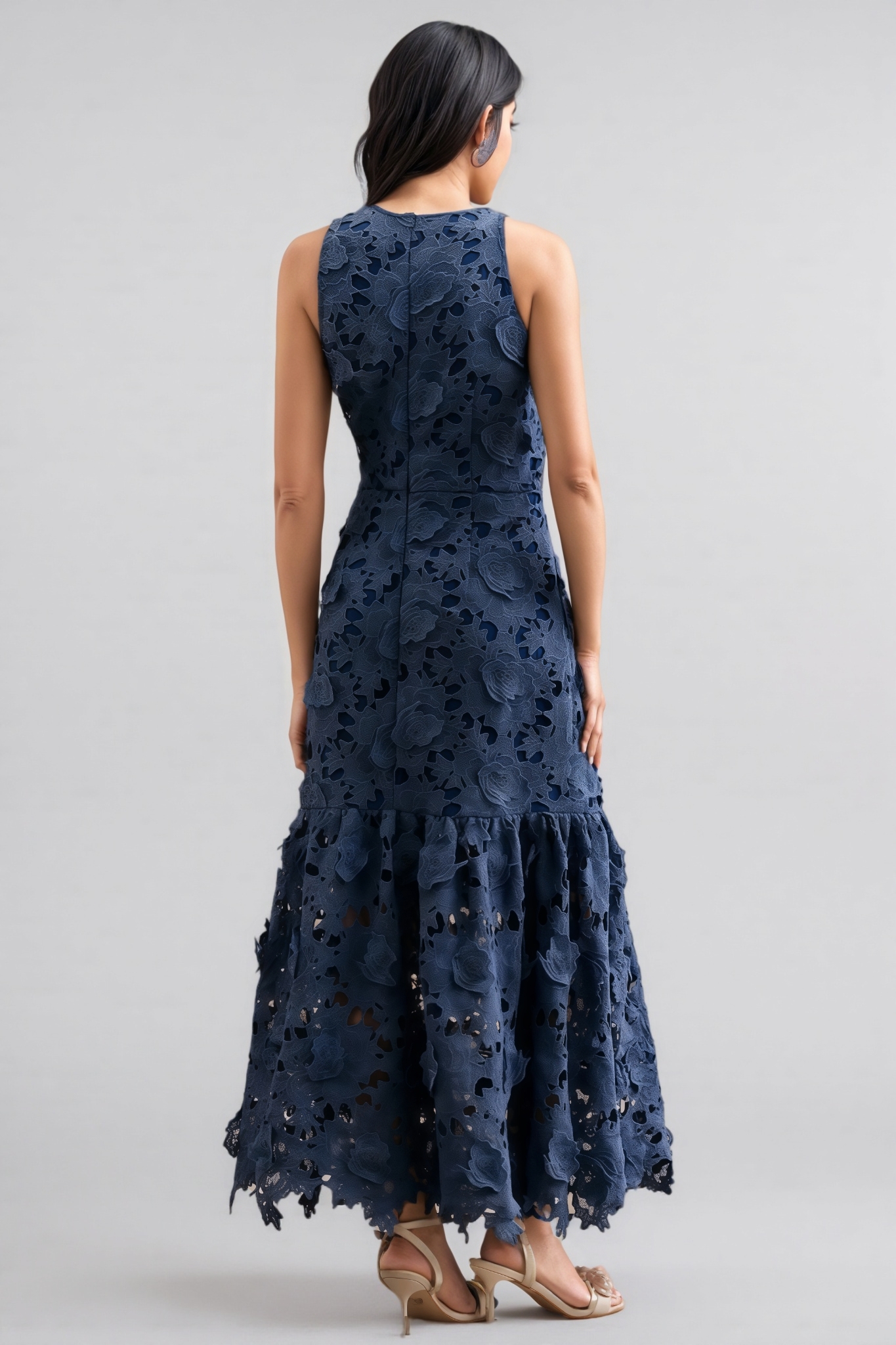 Almond Blue Sleeveless Lace Maxi Dress