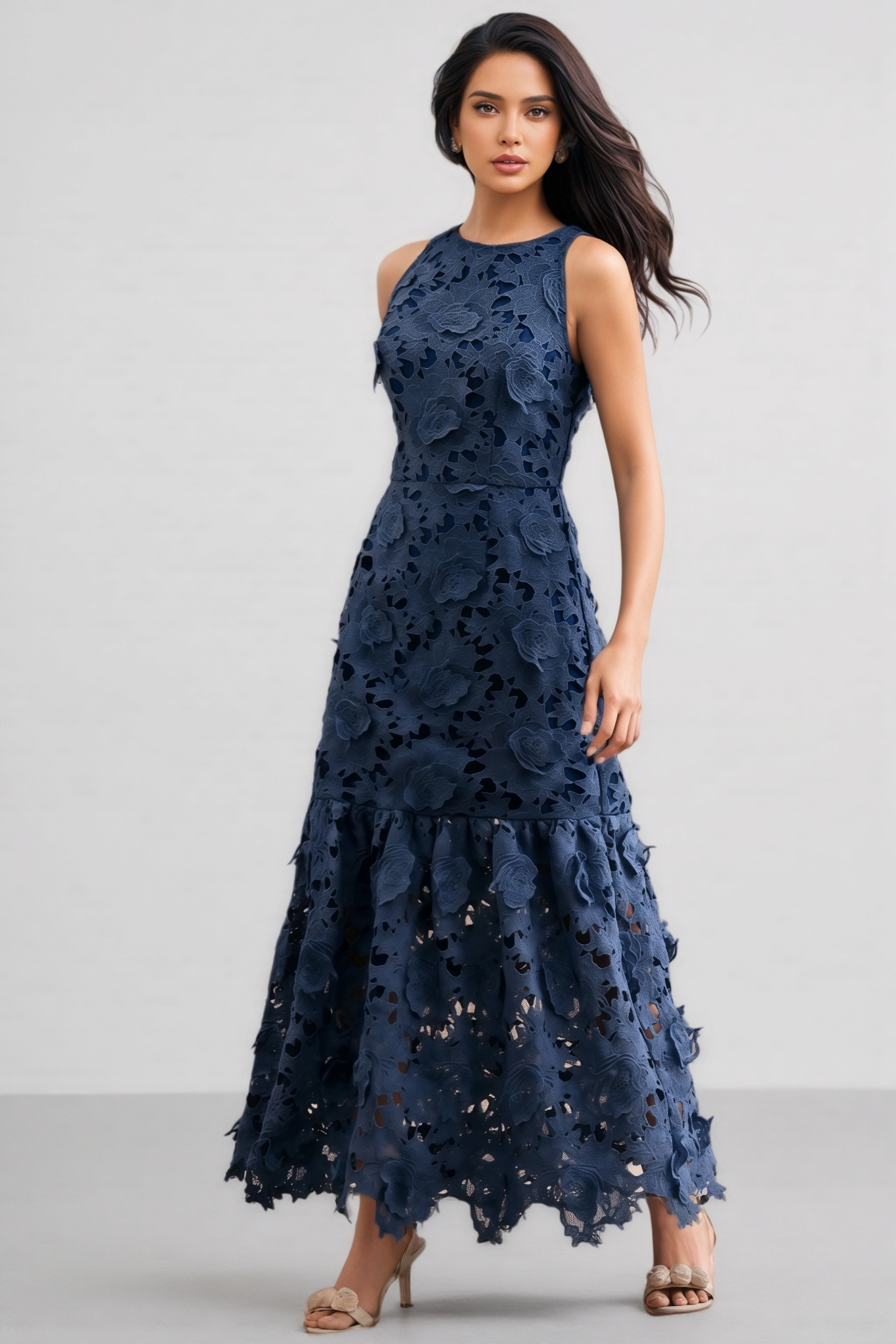 Almond Blue Sleeveless Lace Maxi Dress