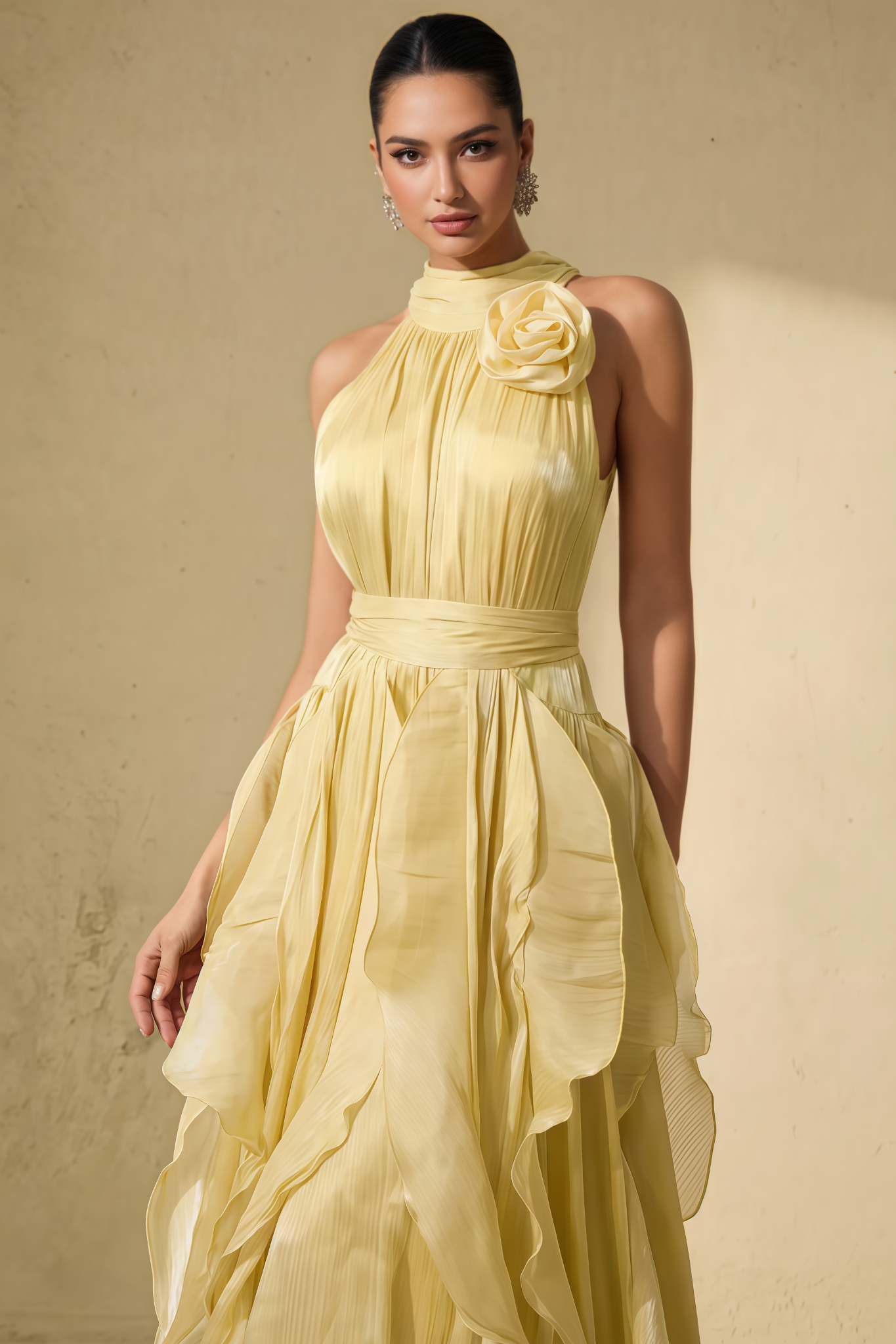 Nella Yellow 3D Floral Ruffles Maxi Dress