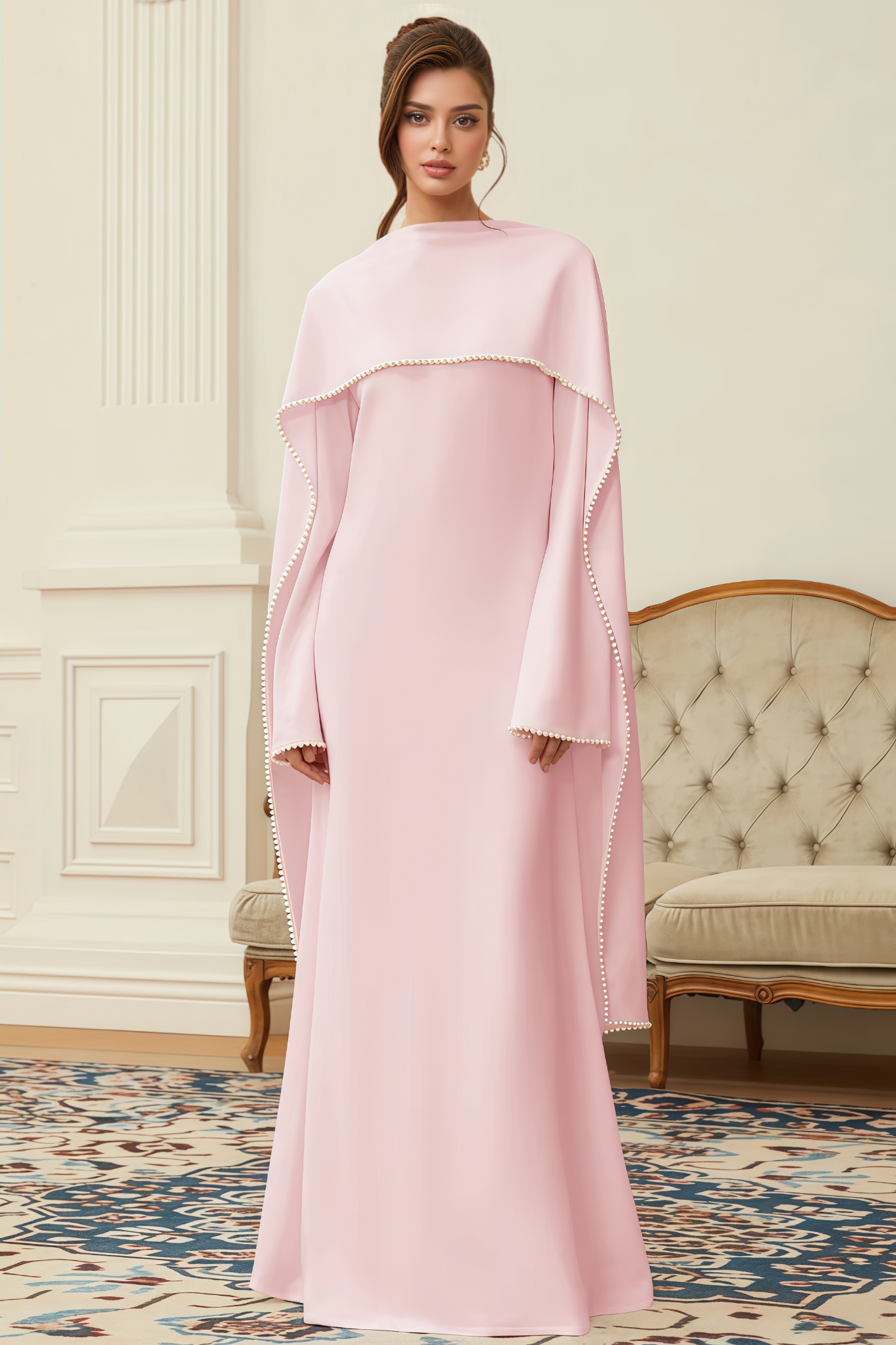 Renee Pink Pearl Trim Shawl Detail Maxi Dress