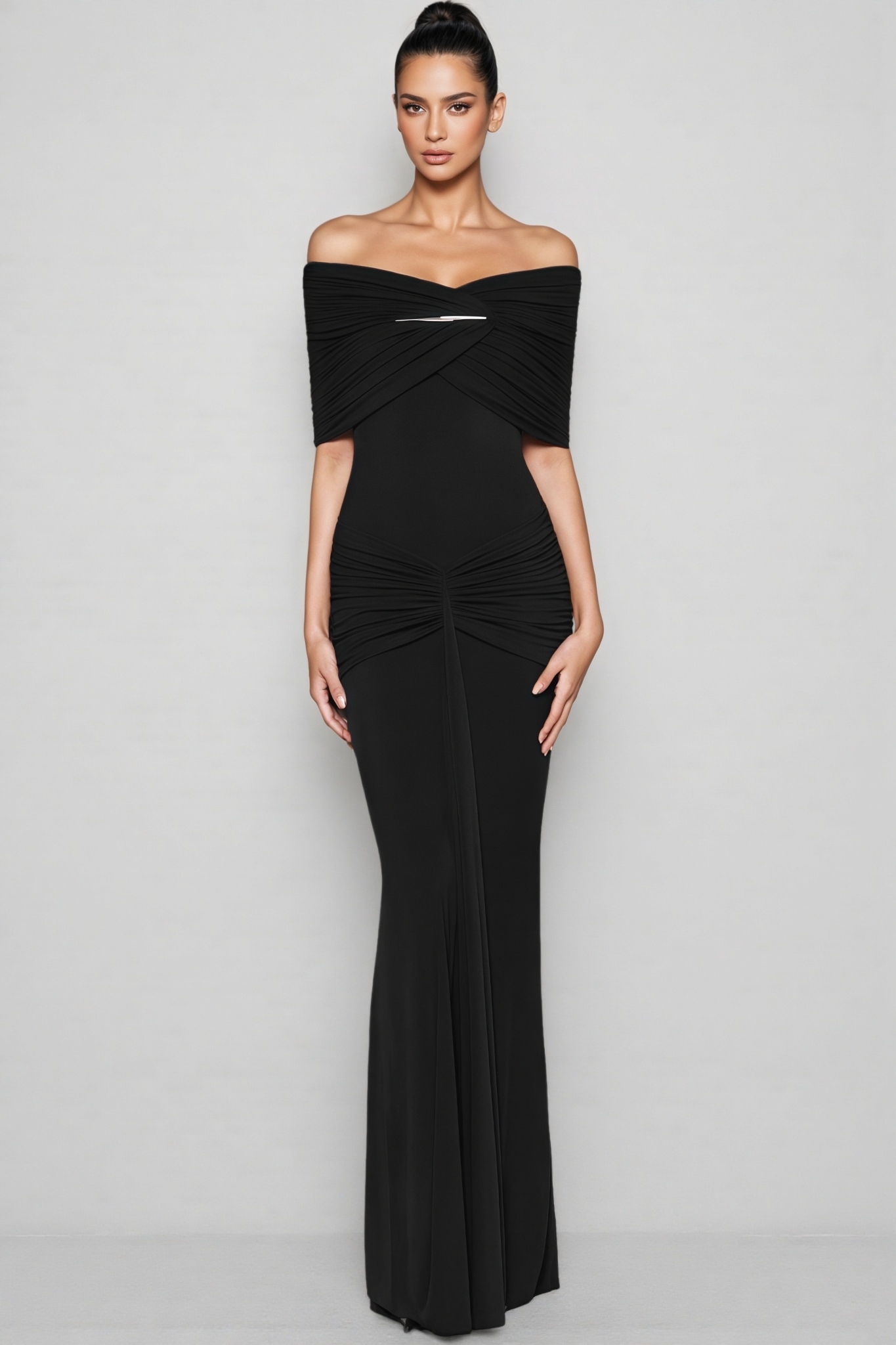 Svari Black Off The Shoulder Draped Maxi Dress