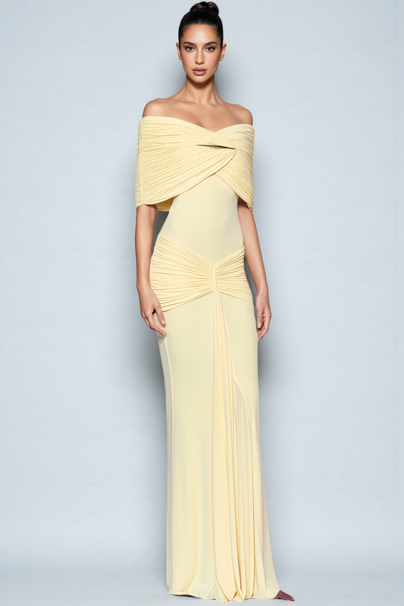 Hdynn Yellow Off The Shoulder Draped Maxi Dress