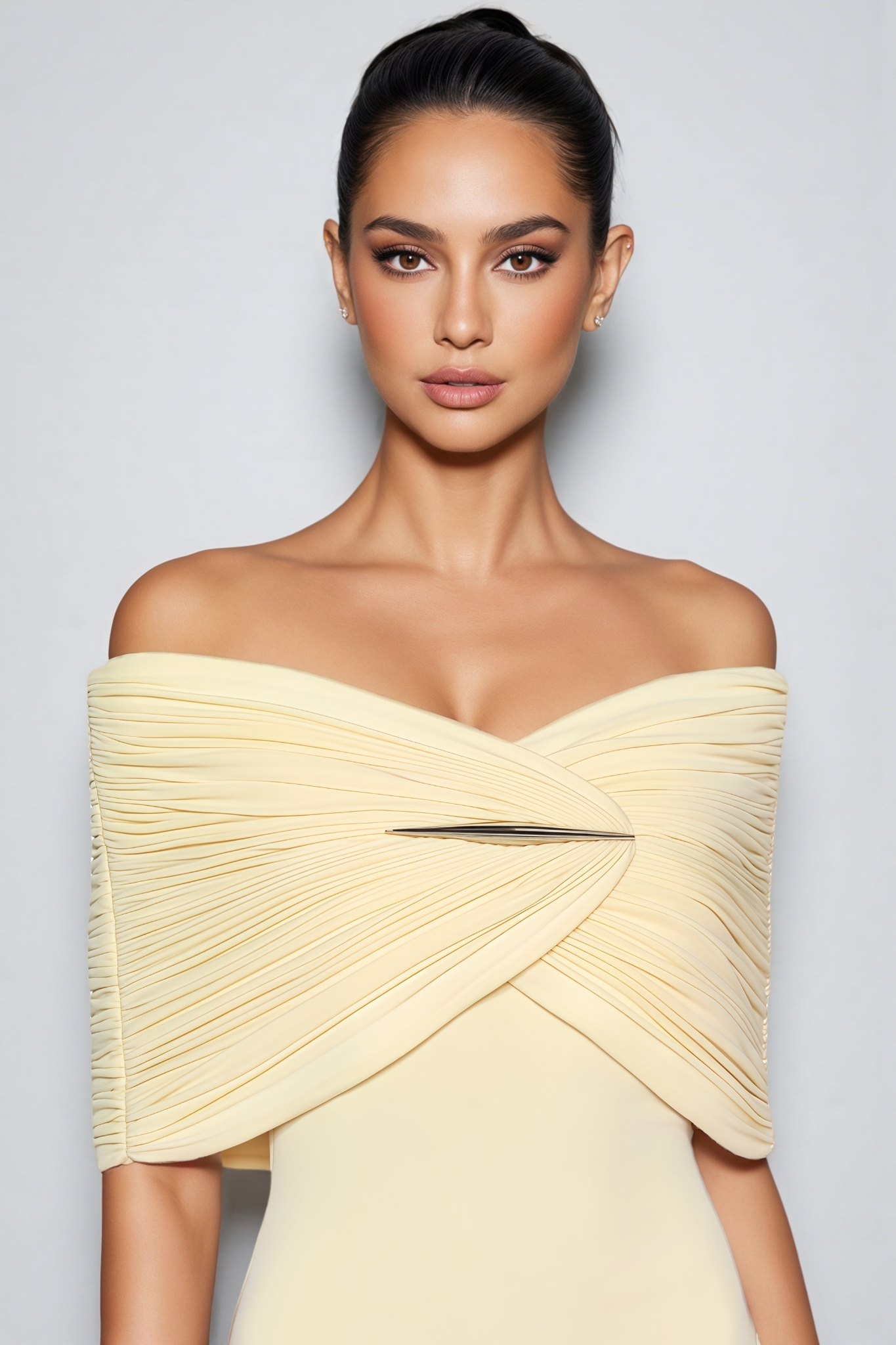 Hdynn Yellow Off The Shoulder Draped Maxi Dress