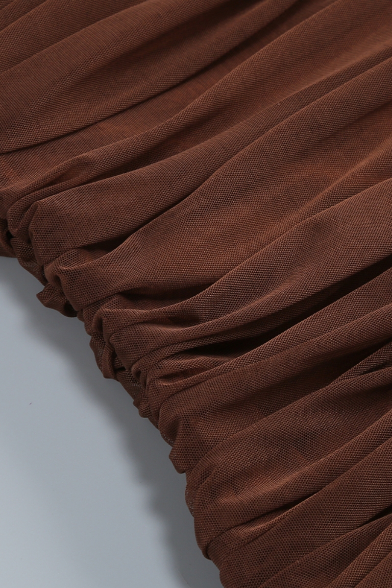 Aedous Brown Slanted Shoulder Mesh Maxi Dress