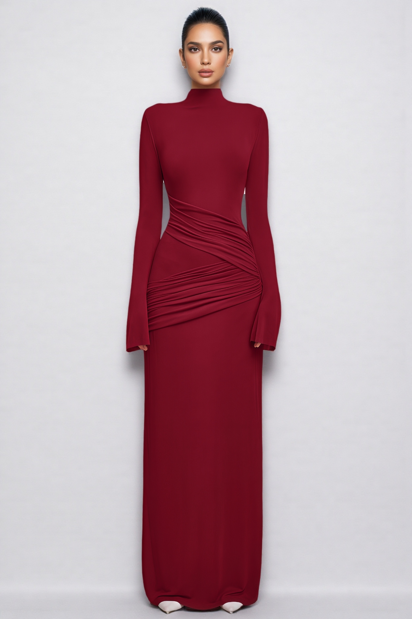 Zalenct Red Long Sleeve Ruffled Maxi Dress