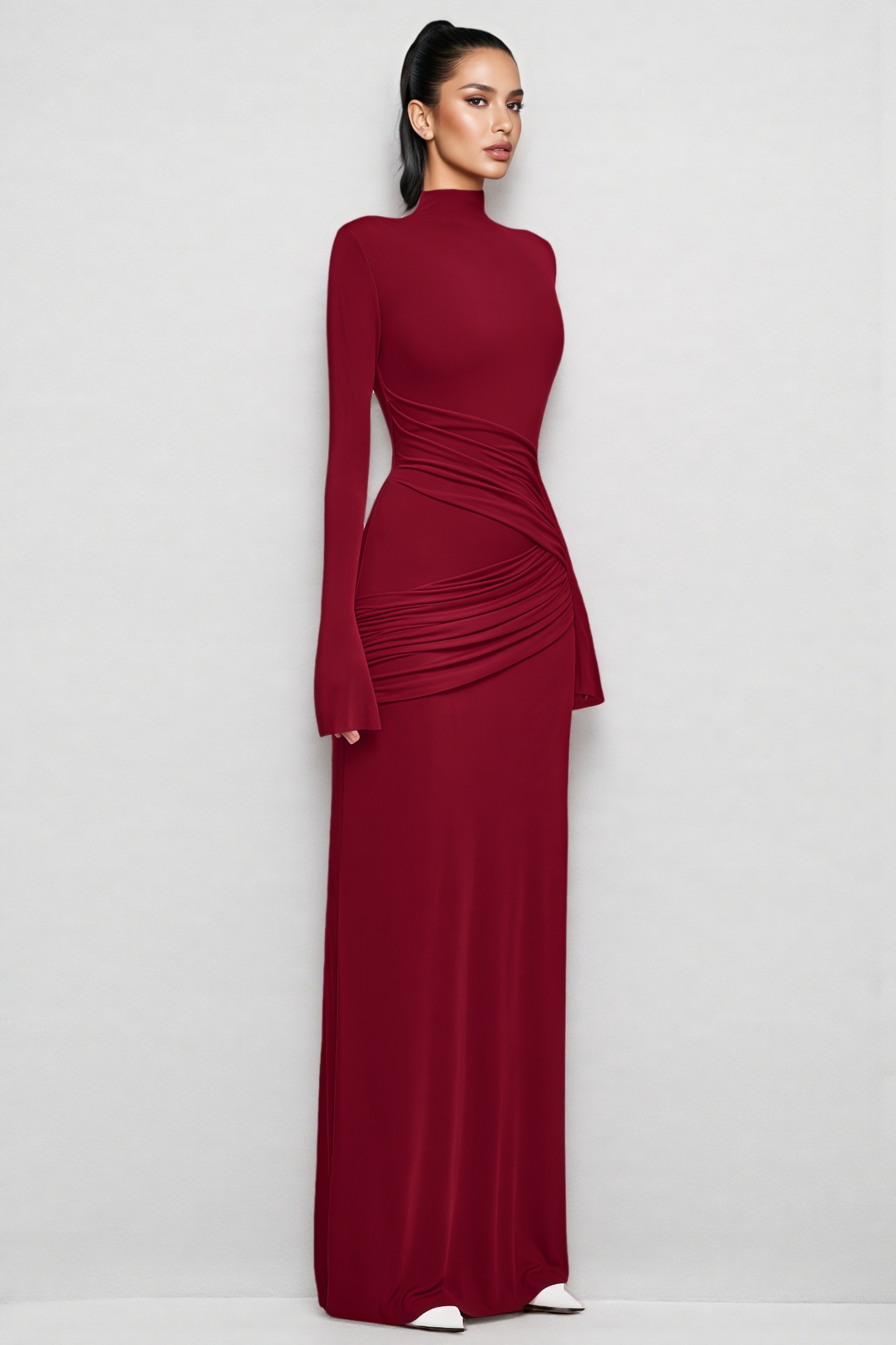 Zalenct Red Long Sleeve Ruffled Maxi Dress