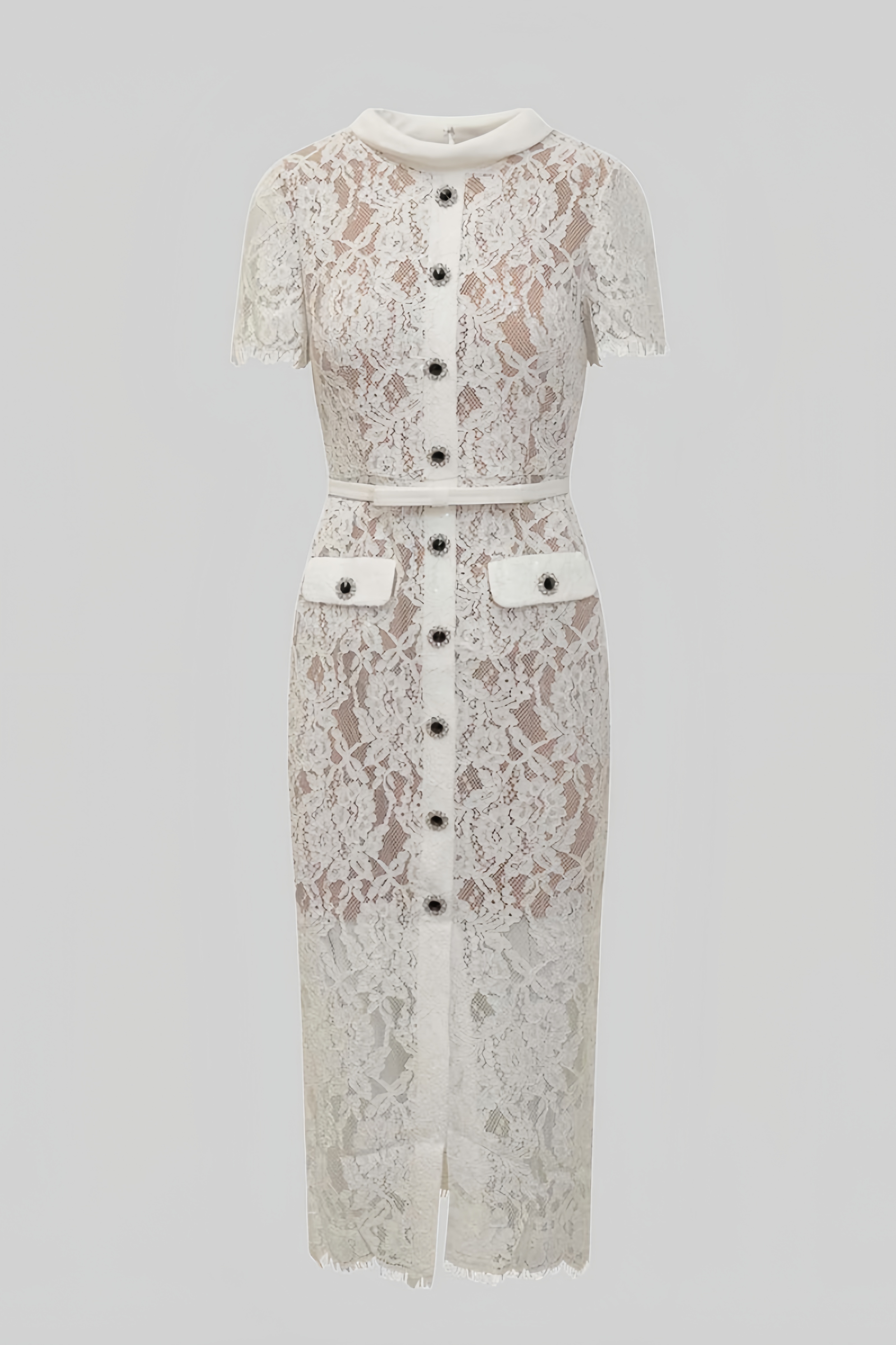 Quarot White Short Sleeve Lace Midi Dress