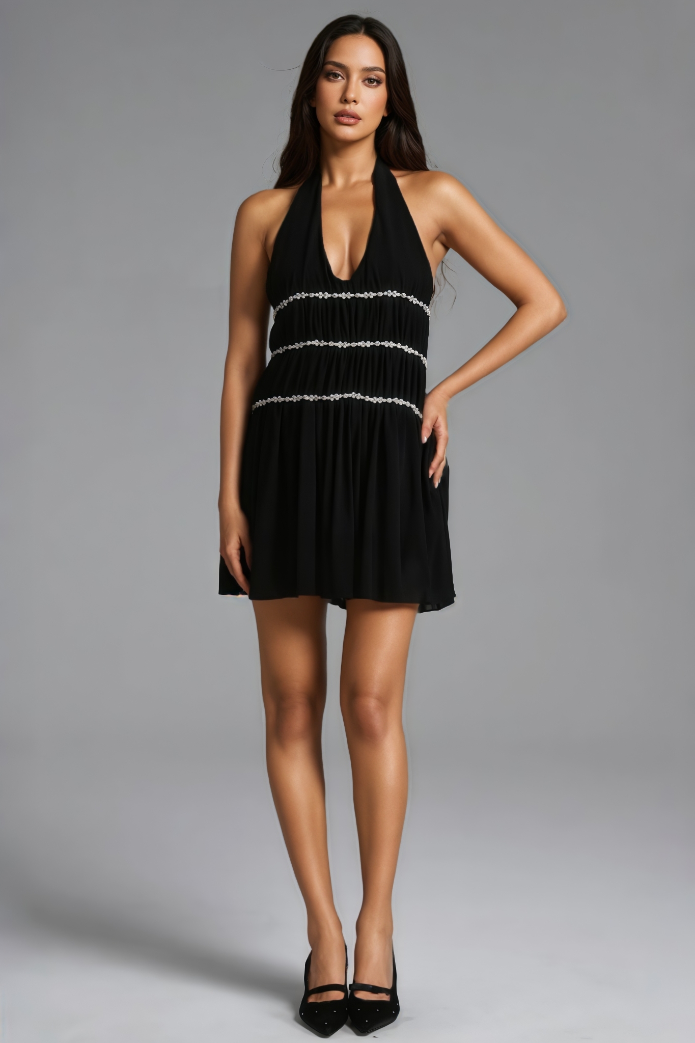 Genyin Black Sleeveless Rhinestone Mesh Mini Dress
