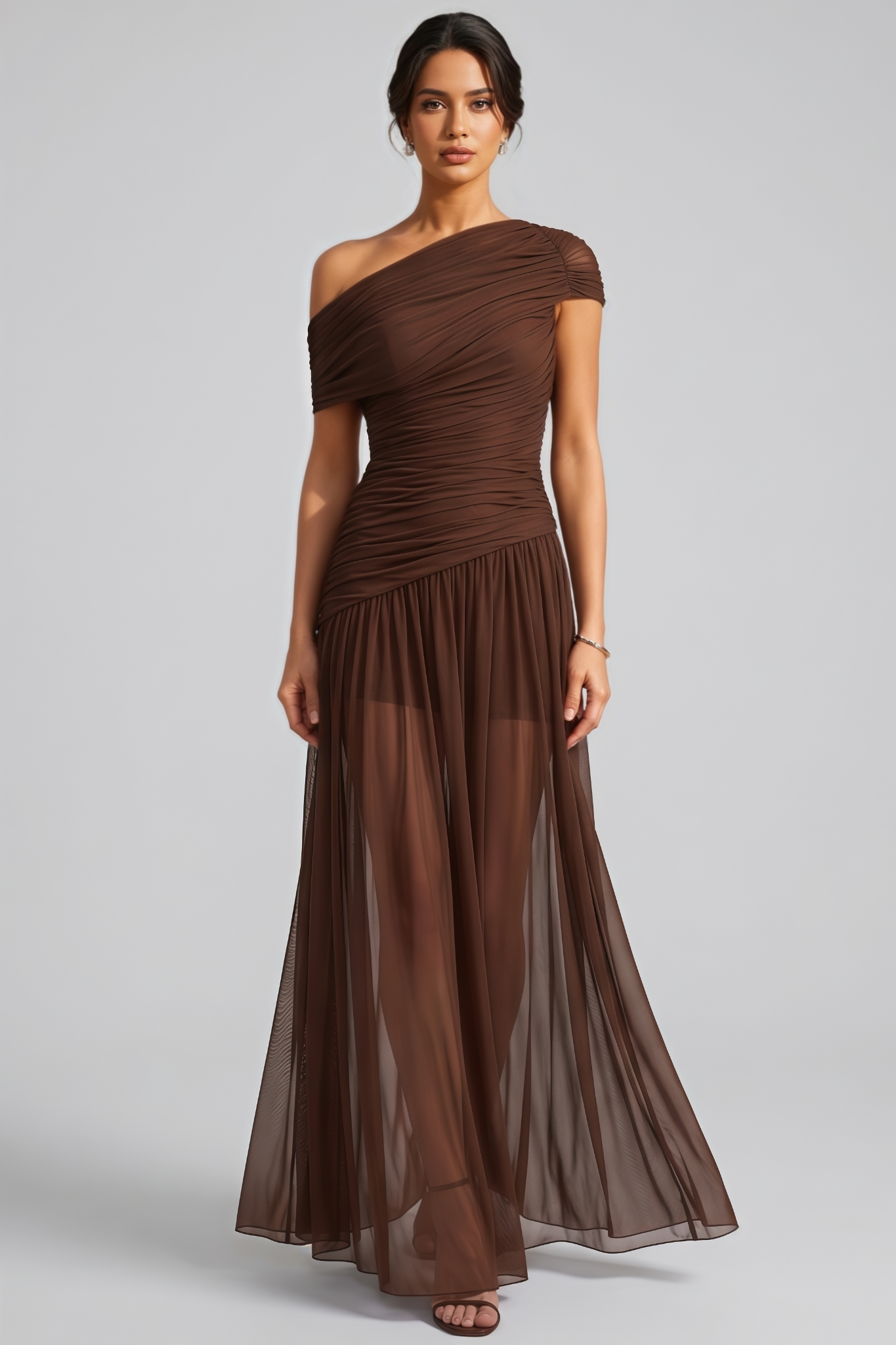Aedous Brown Slanted Shoulder Mesh Maxi Dress