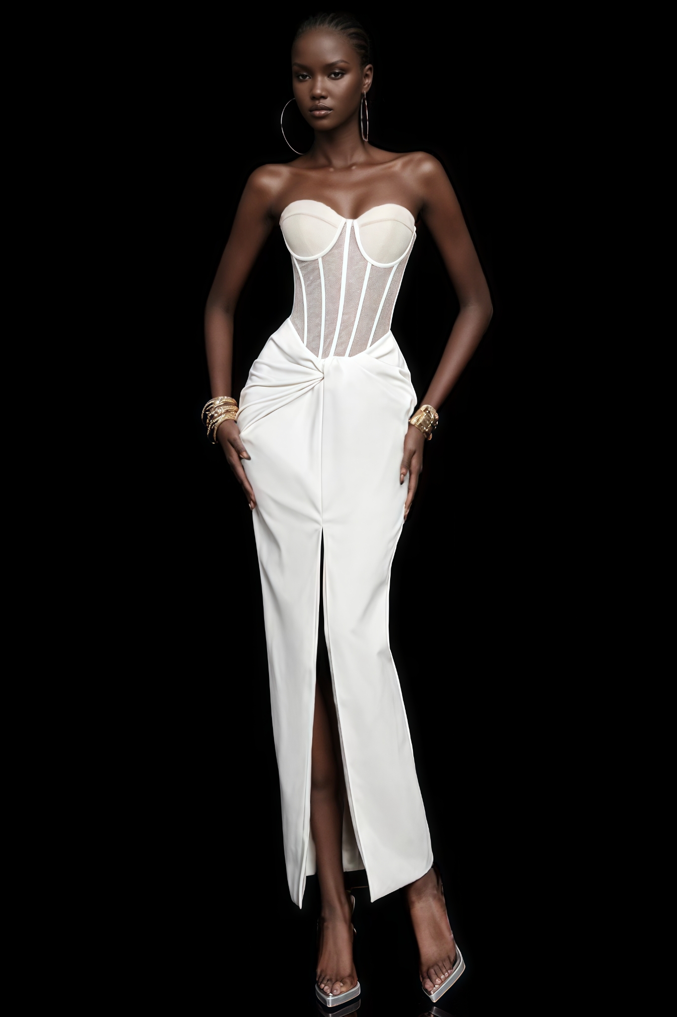 Kennedy White Mesh Fishbone Strapless Maxi Dress