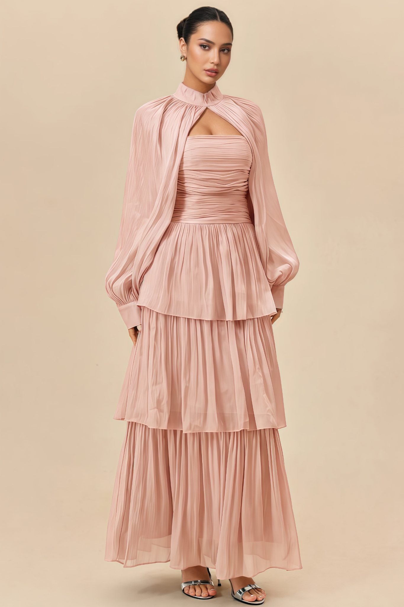 Cryce Pink Long Sleeve Tiered Maxi Dress Set