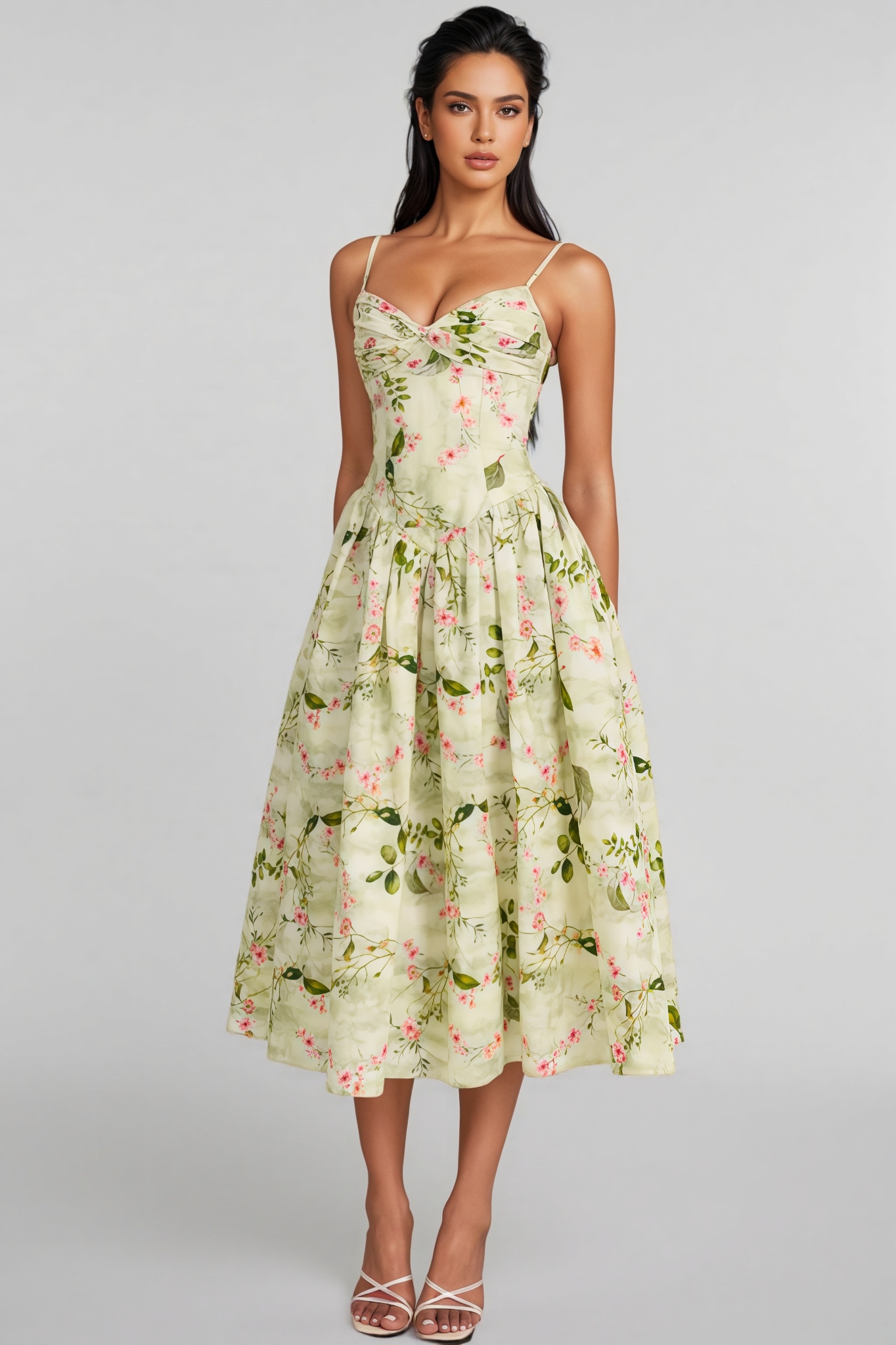 Raleign Green Floral Print Ruched Midi Dress