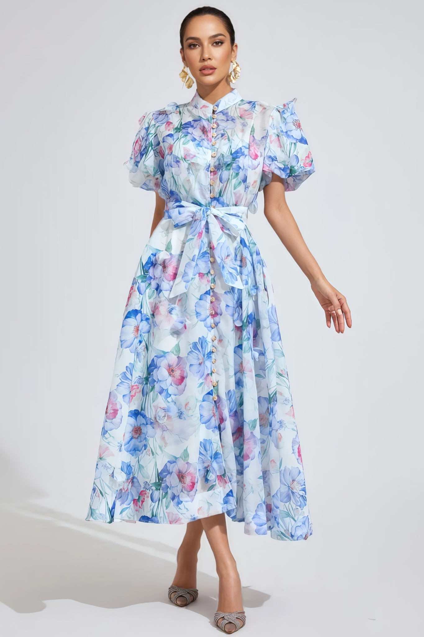 Baian Blue Short Sleeve Floral Midi Dress