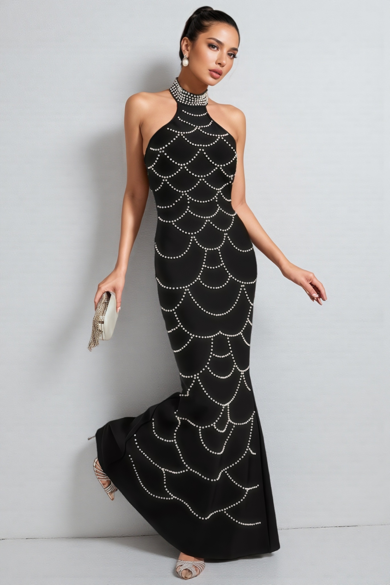 Adley Black Pearl Halter Bandage Maxi Dress