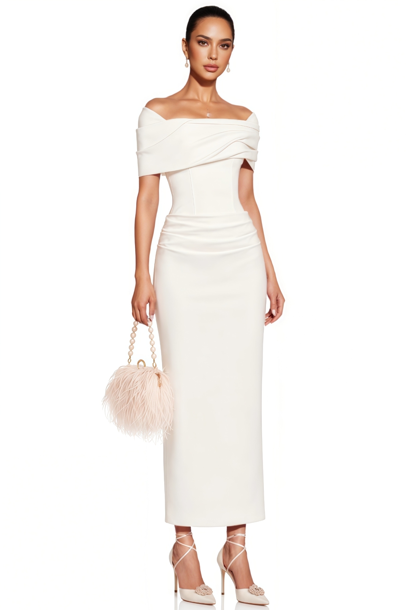 Vorex White Off The Shoulder Draped Maxi Dress