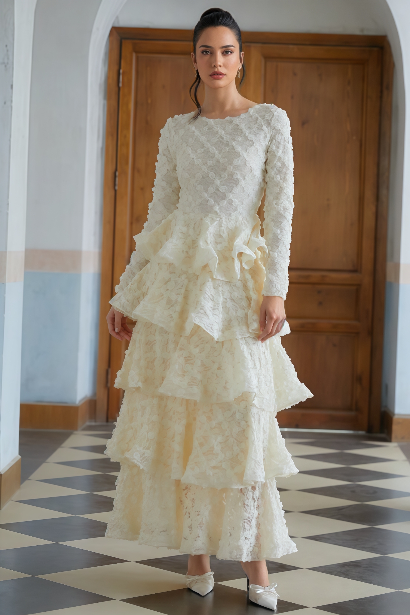 Wenrey Neutral Tiered Floral Lace Maxi Dress