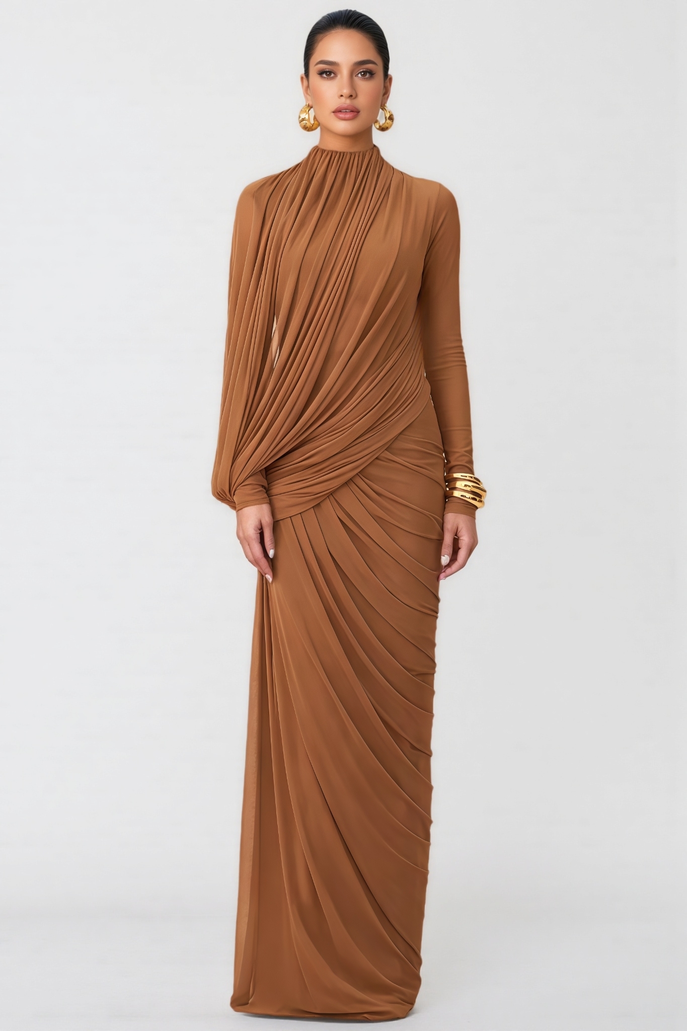 Finelly Brown High Neck Asymmetric Drape Maxi Dress