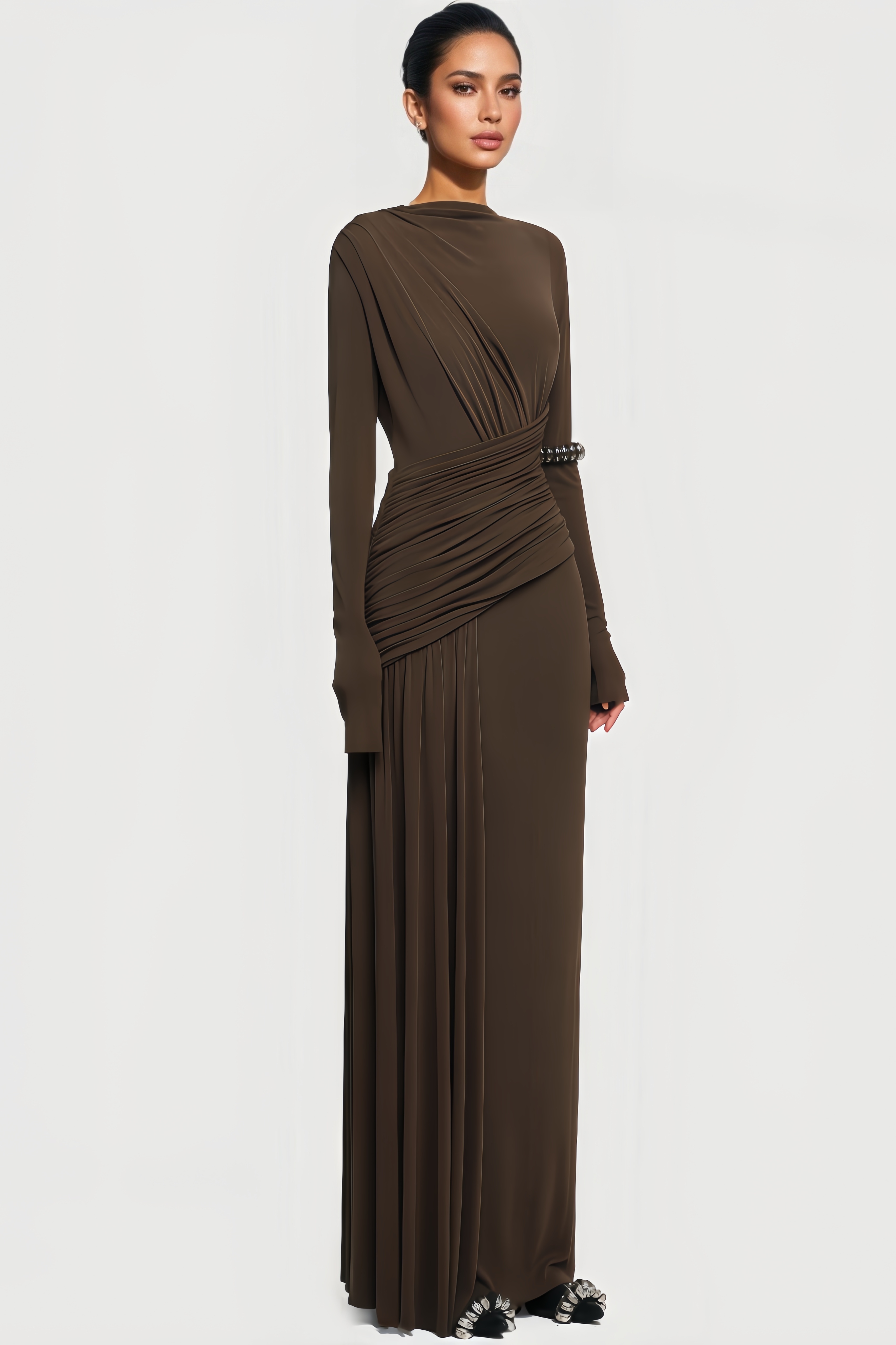 Fionnlagh Brown Long Sleeve Pleated Maxi Dress