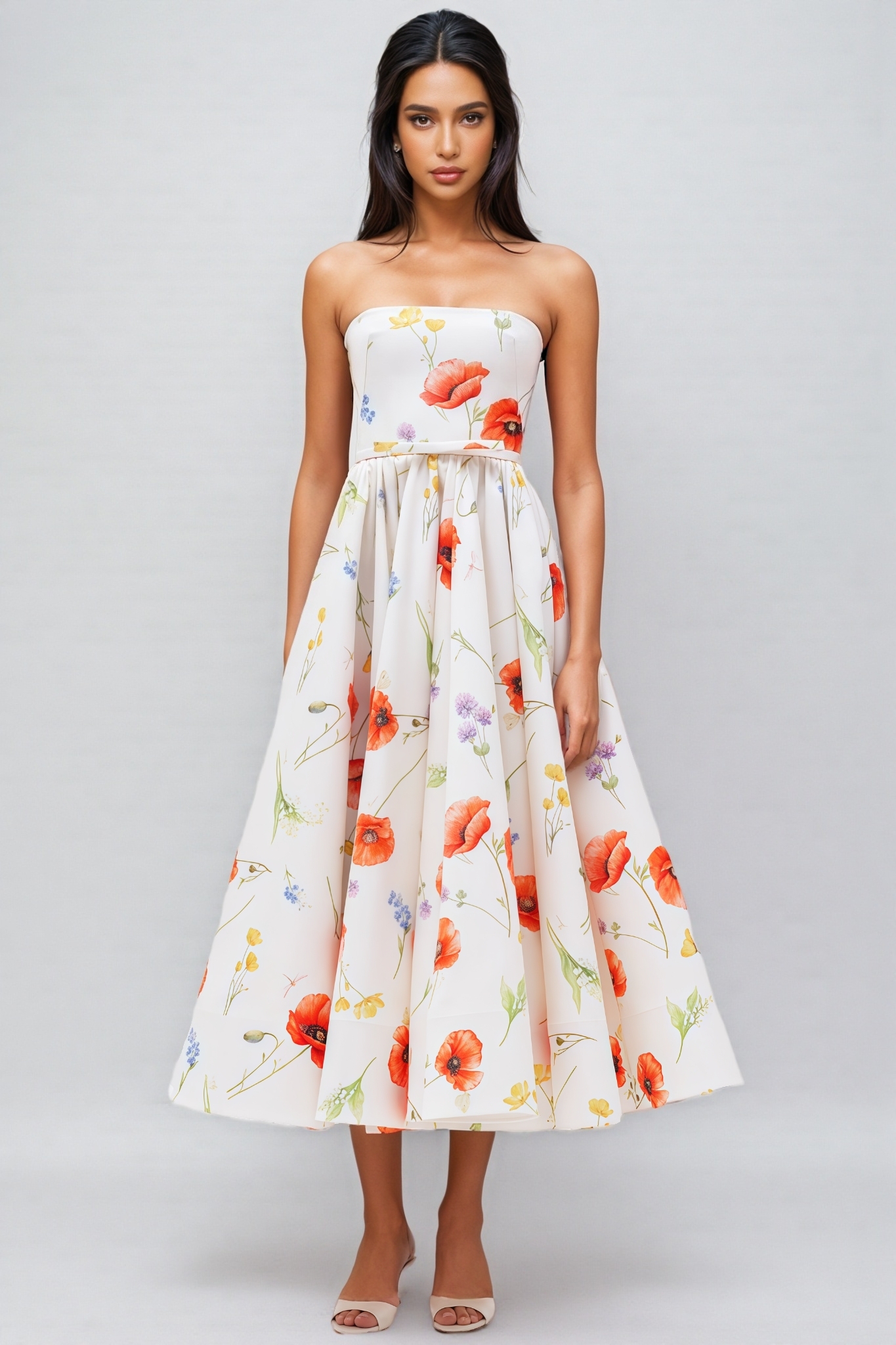 Yloane Strapless Floral Midi Dress