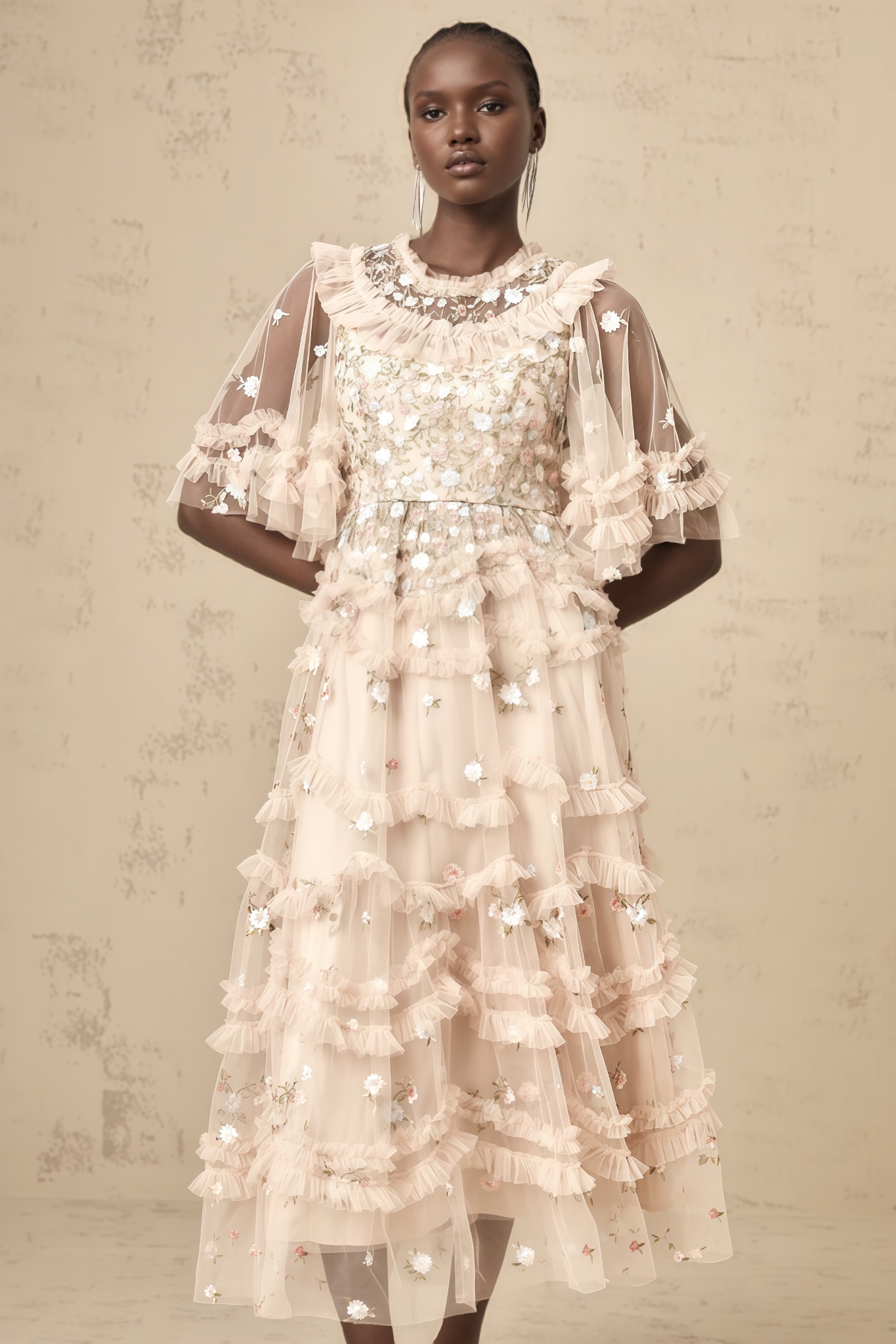 Mivan Floral Embroidered Tiered Ruffled Maxi Dress