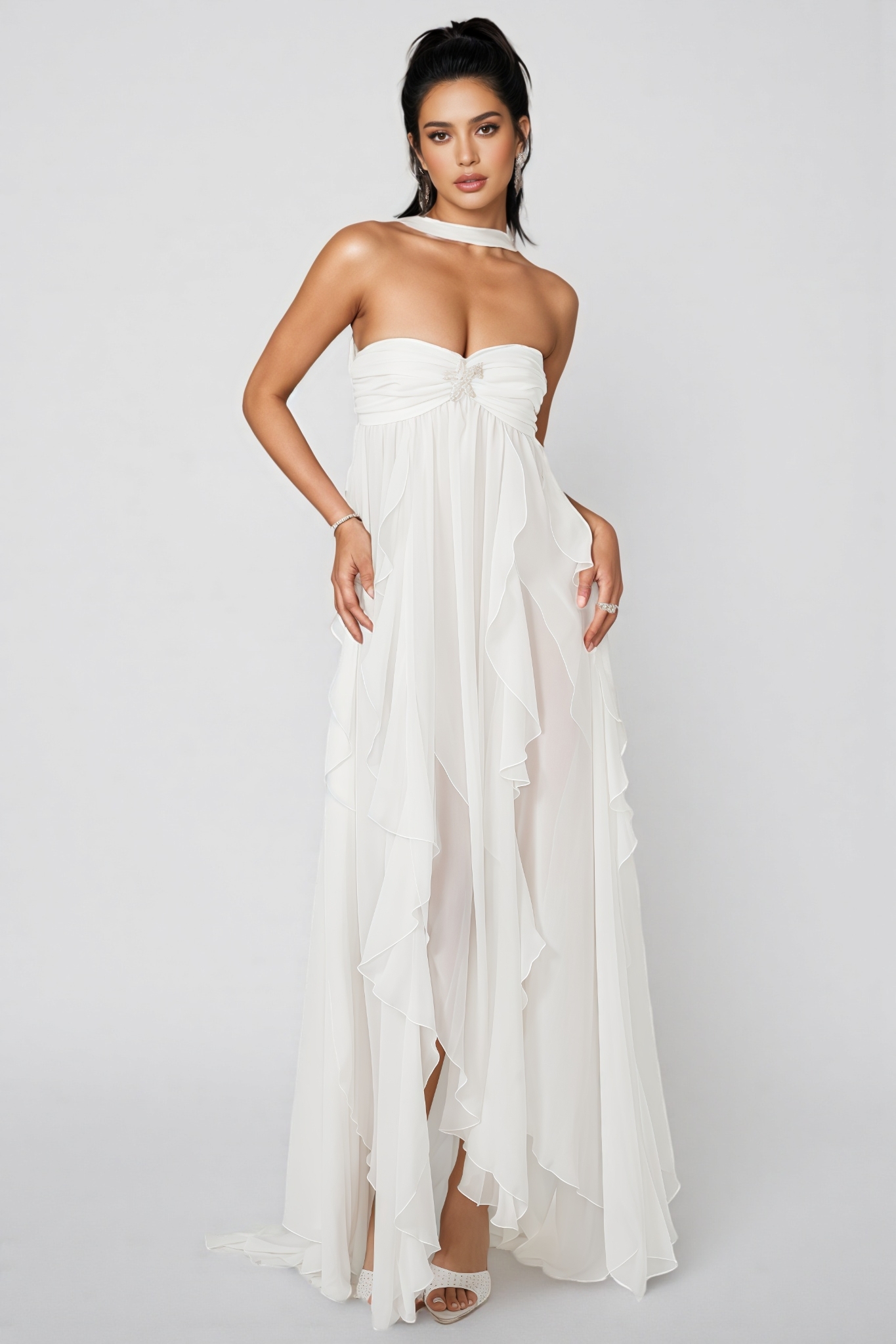 Flowy White Irregular Ruffle Maxi Dress