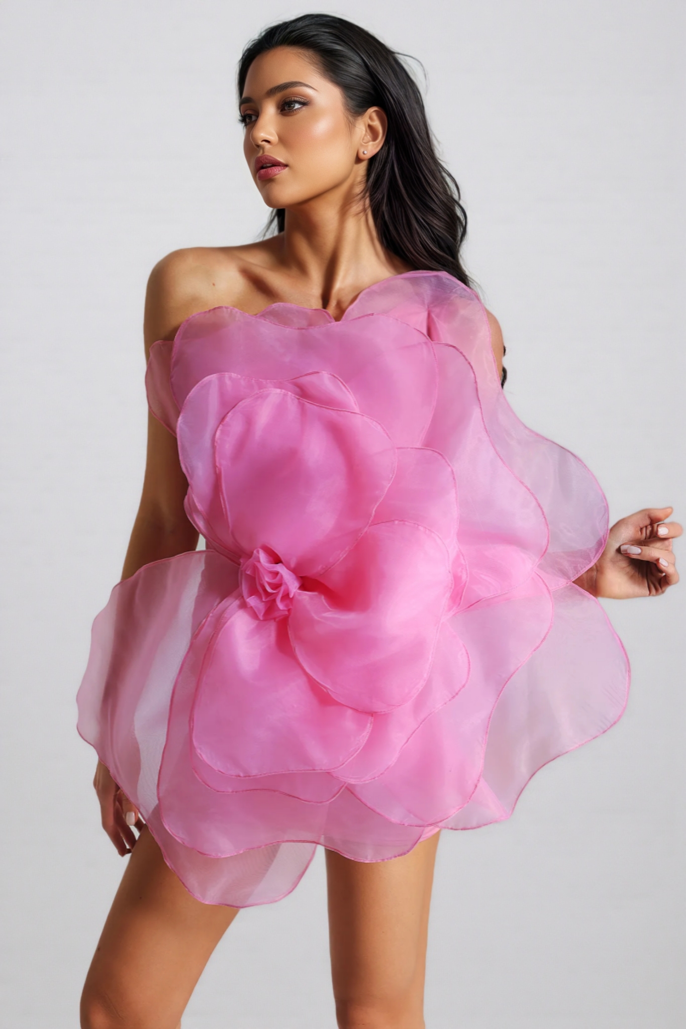 Liana Mesh Flower Mini Tube Dress-Pink