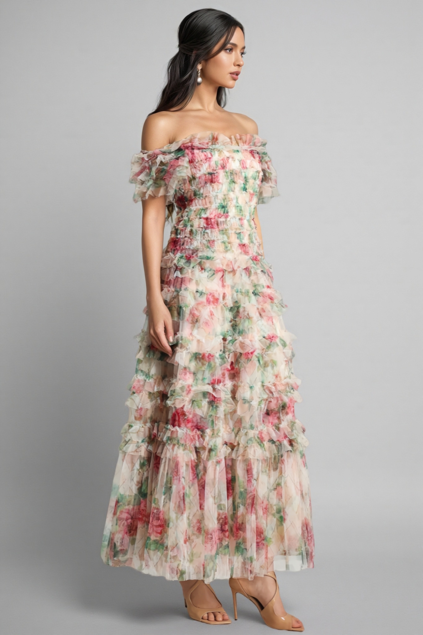 Sina Floral Strapless Mesh Maxi Dress