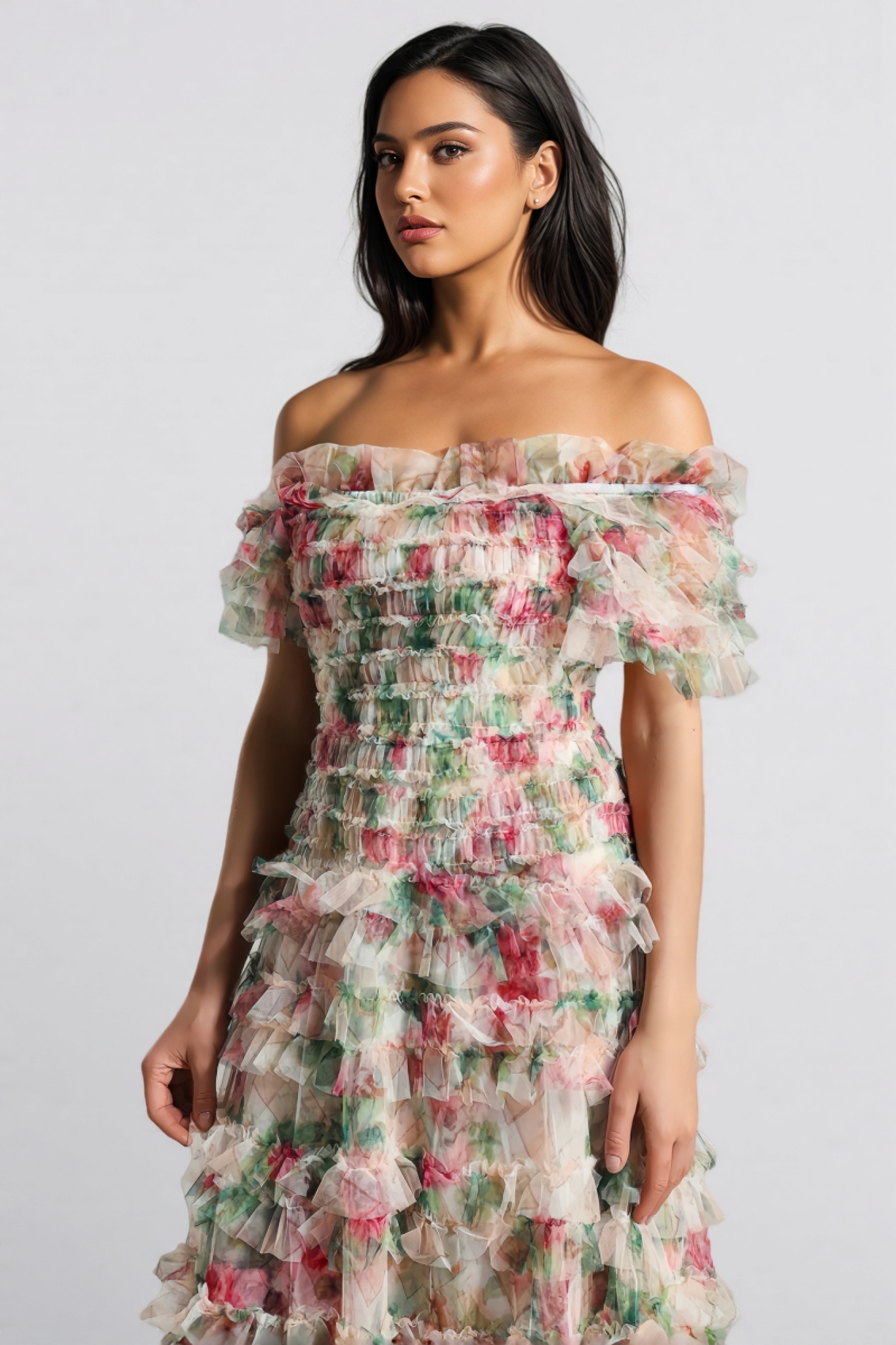 Sina Floral Strapless Mesh Maxi Dress