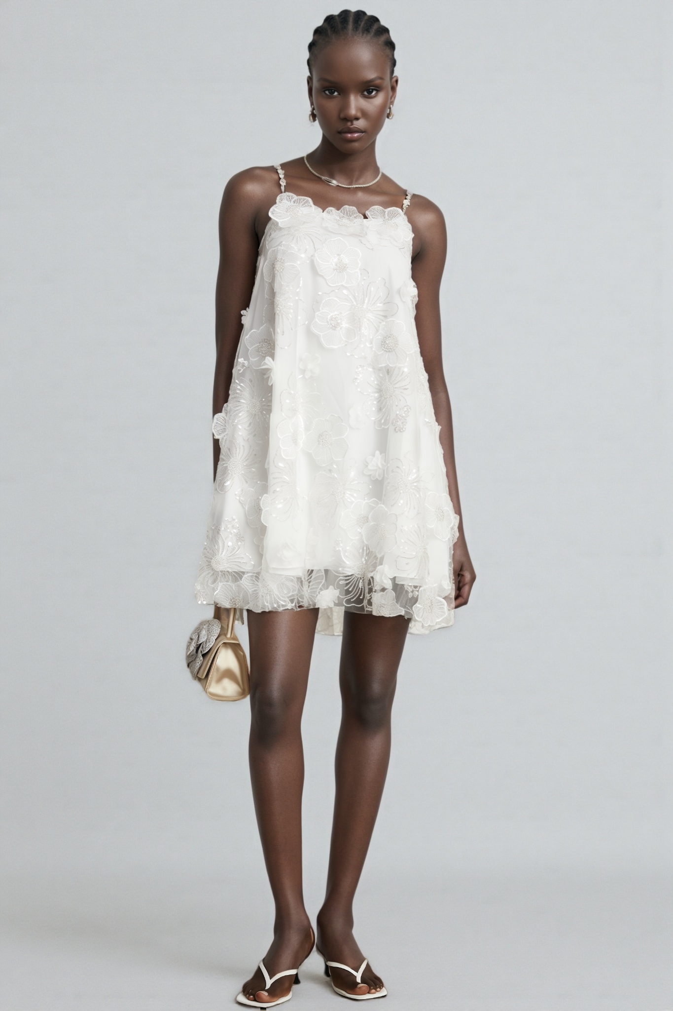 Darirke White Flower Sequin Mesh Mini Dress