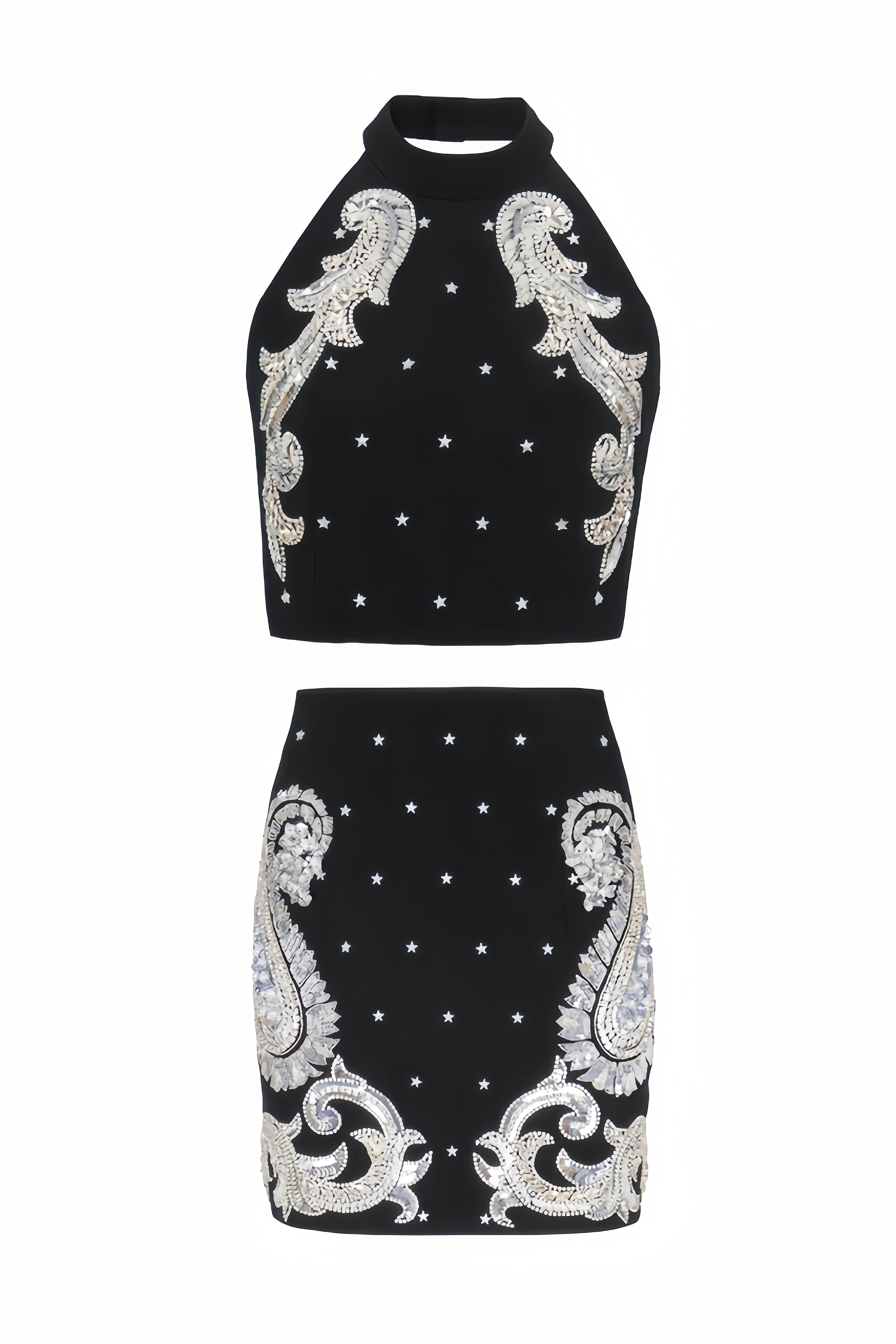 Pira Rhinestone Sequins Hanging Neck Skirt Set