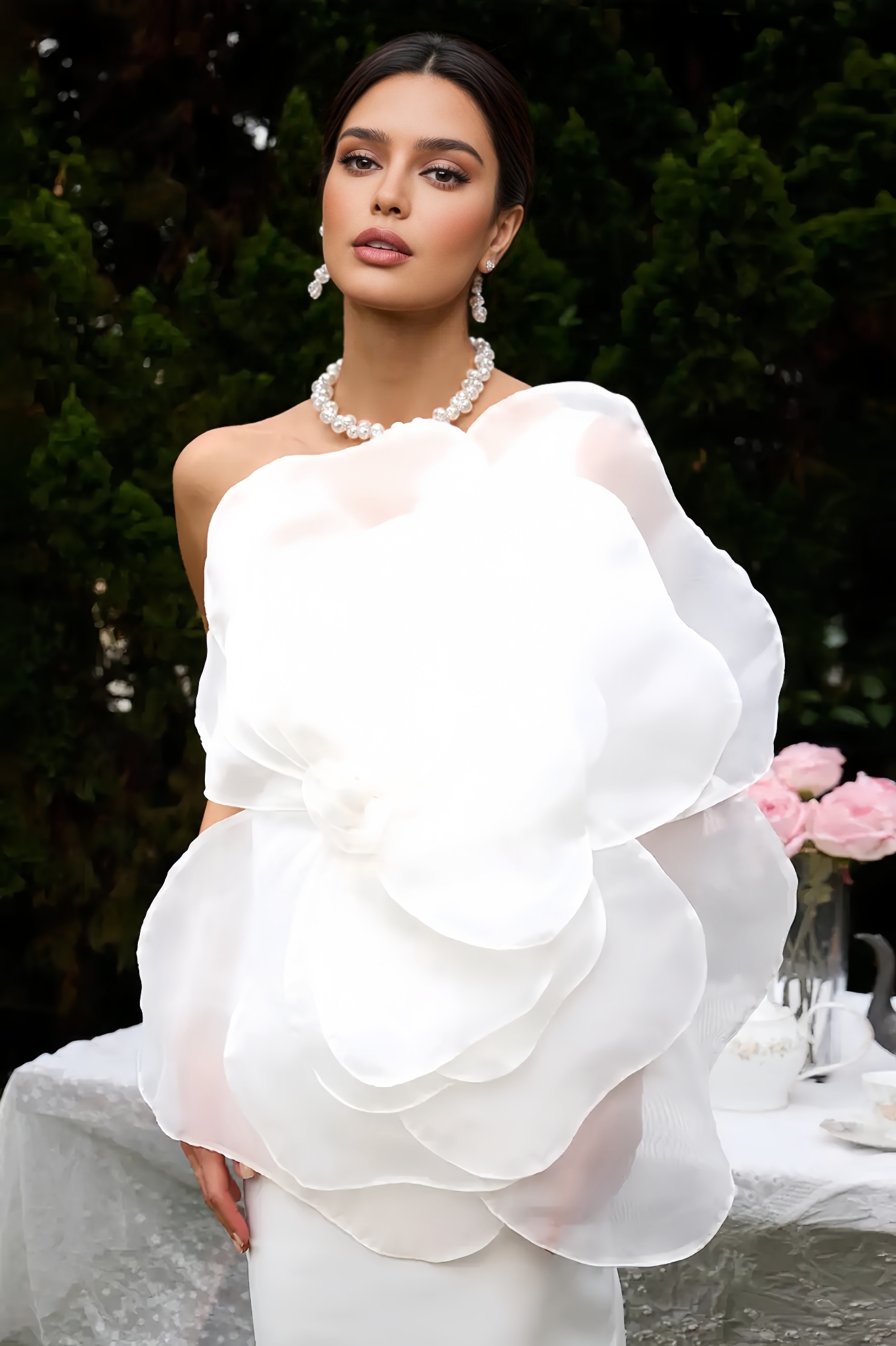 Linia Slant Shoulder 3D Floral Midi Dress-White