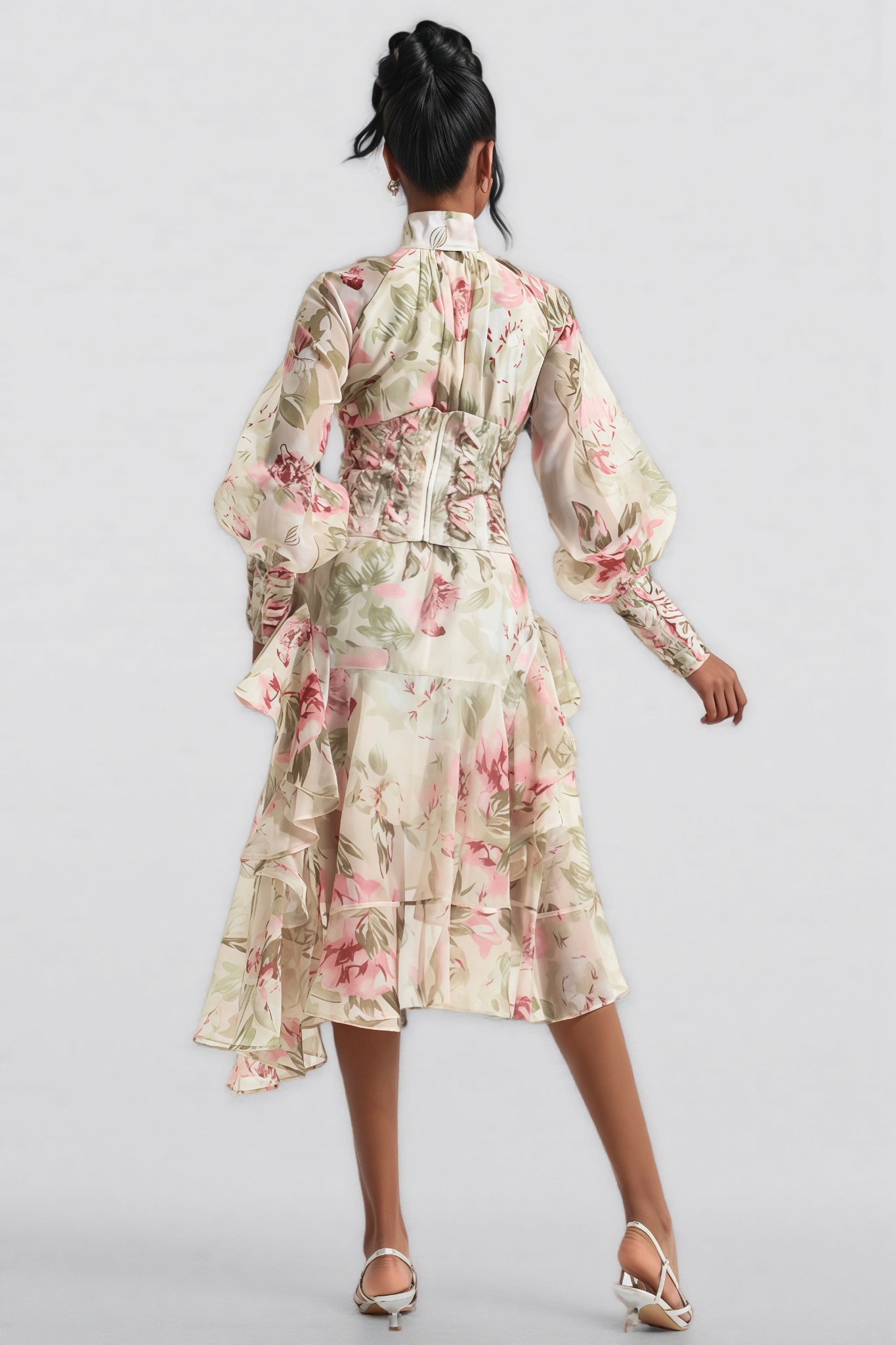 Arden Lantern Sleeve Stand Collar Mesh Midi Dress