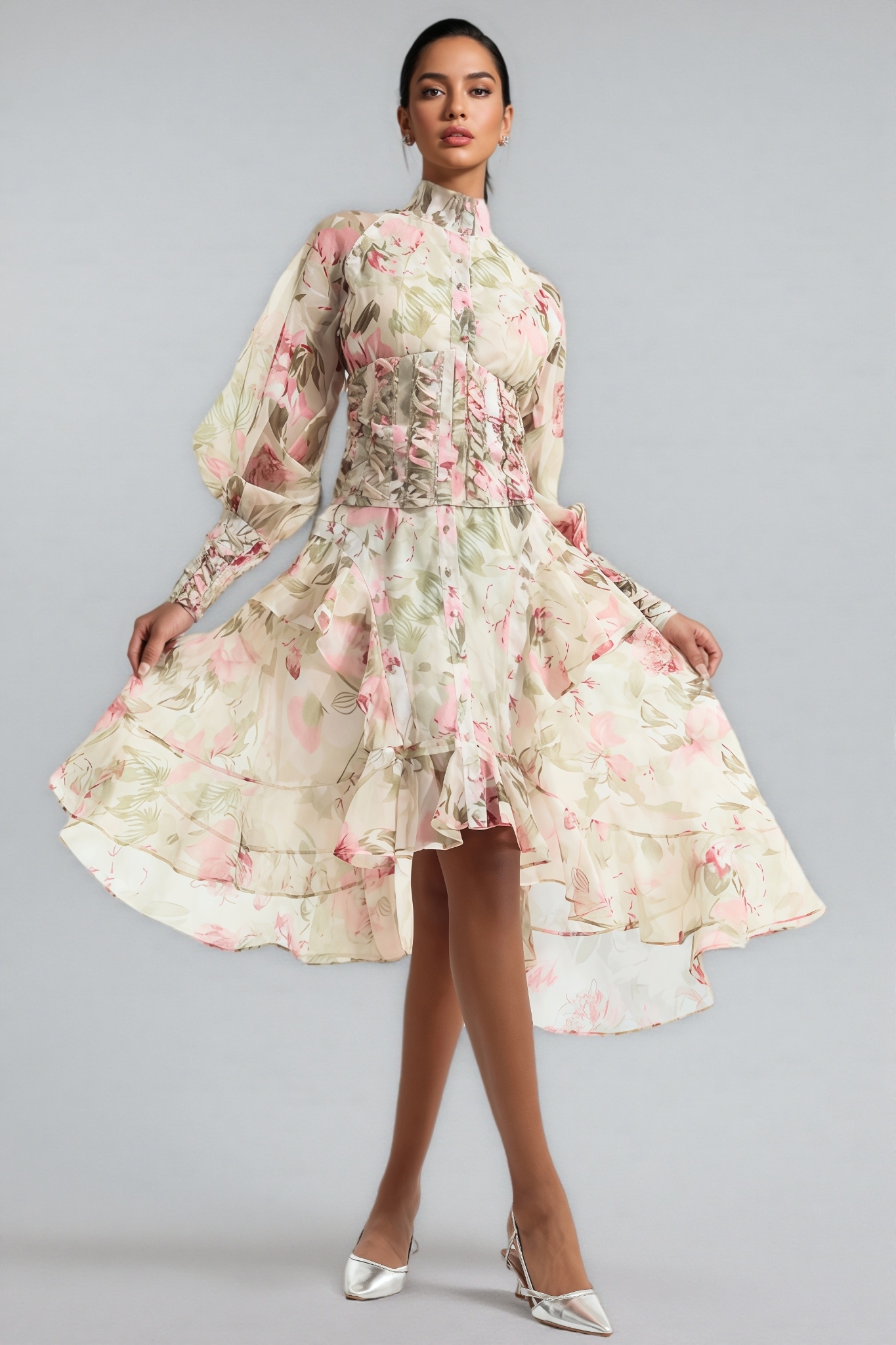 Arden Lantern Sleeve Stand Collar Mesh Midi Dress