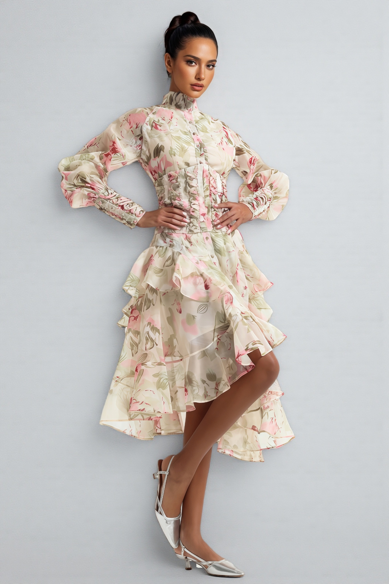 Arden Lantern Sleeve Stand Collar Mesh Midi Dress