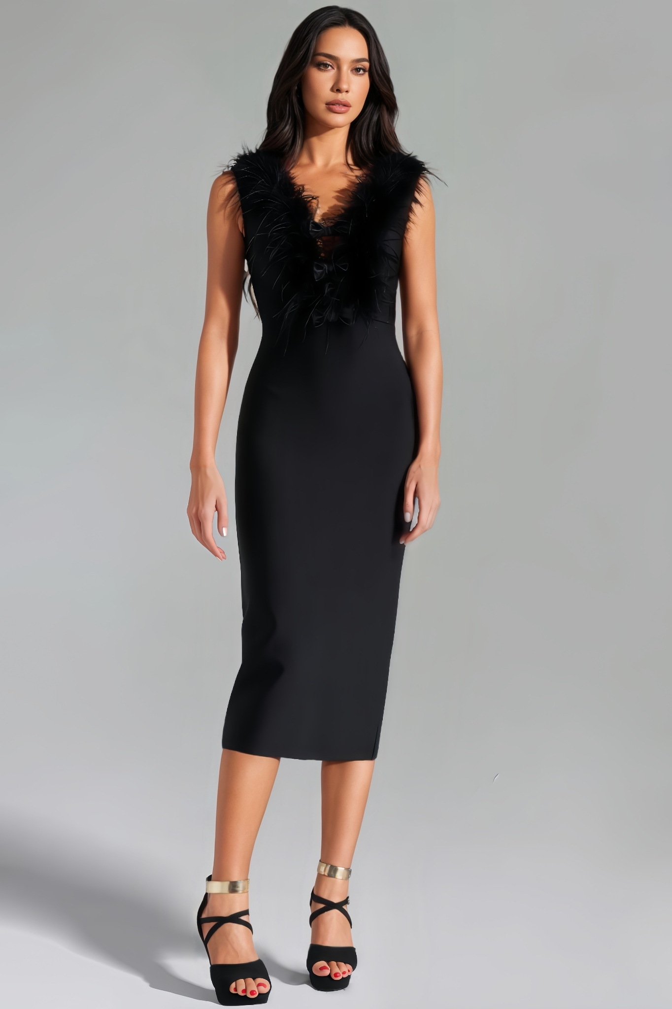 Carter Feather V Neck Bandage Midi Dress