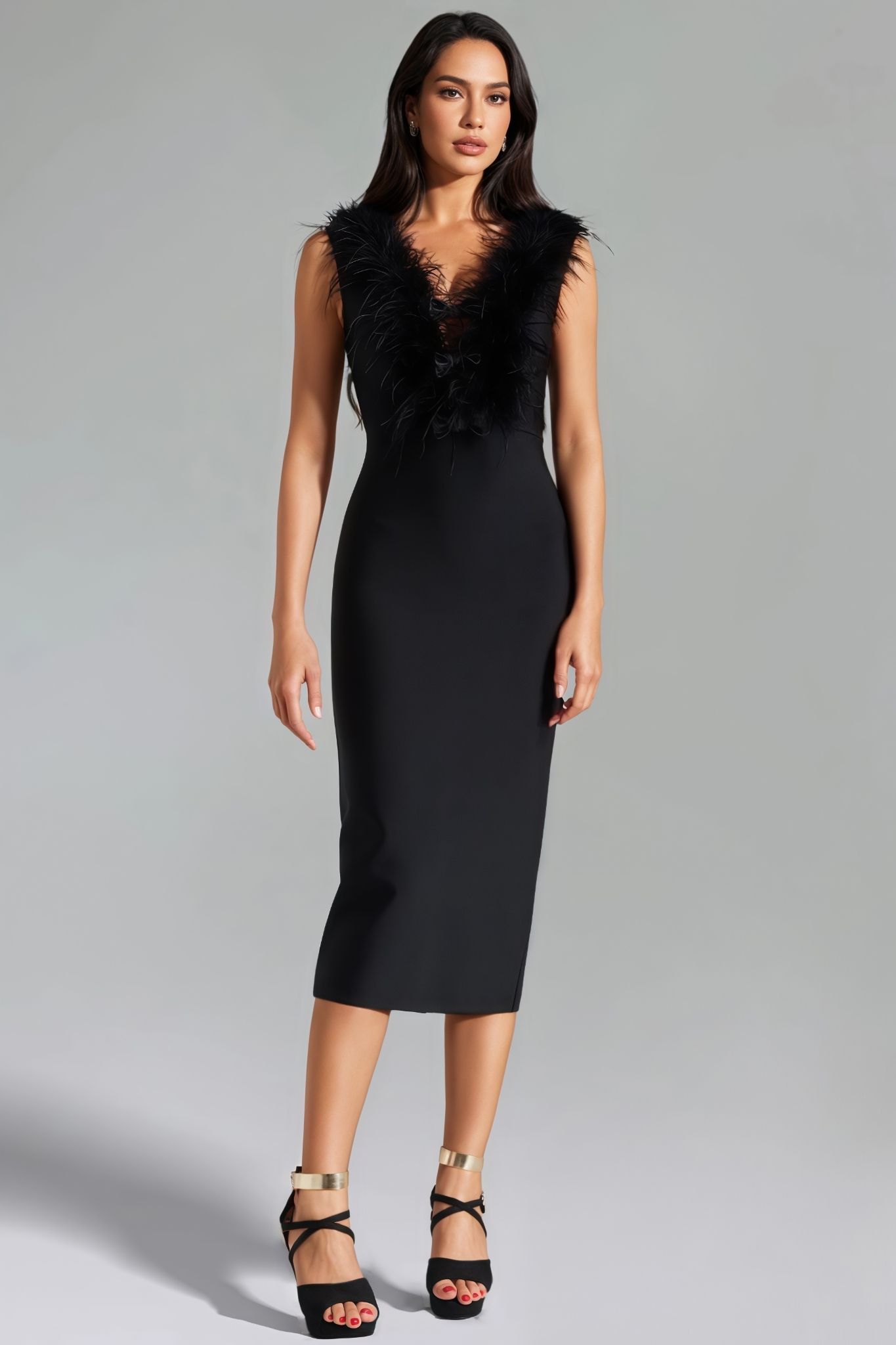 Feather V Neck Bandage Midi Dress
