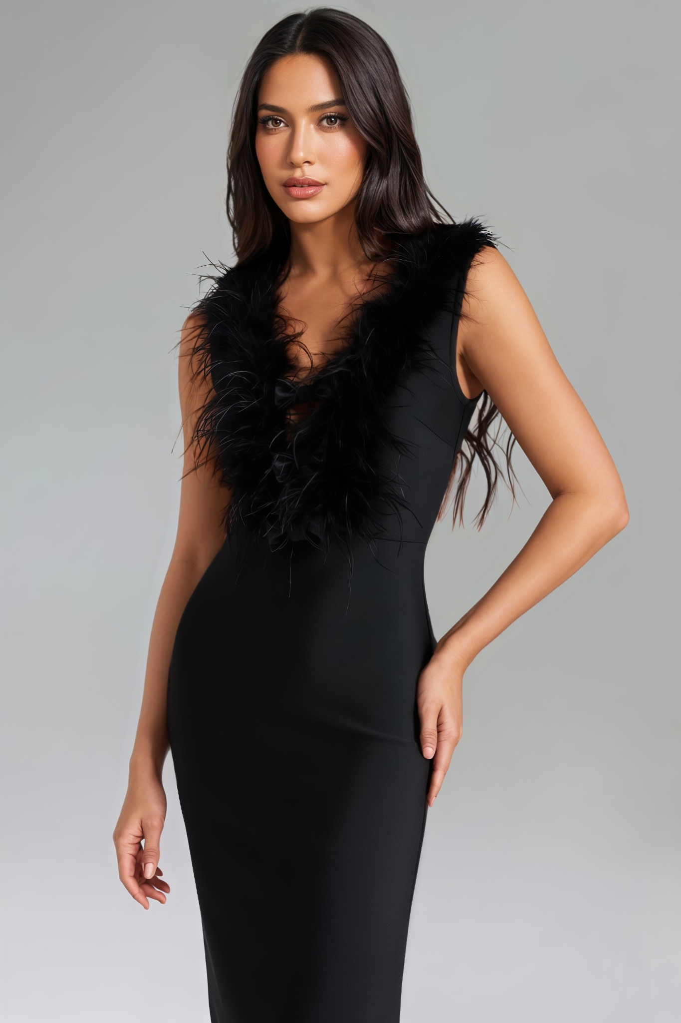 Feather V Neck Bandage Midi Dress