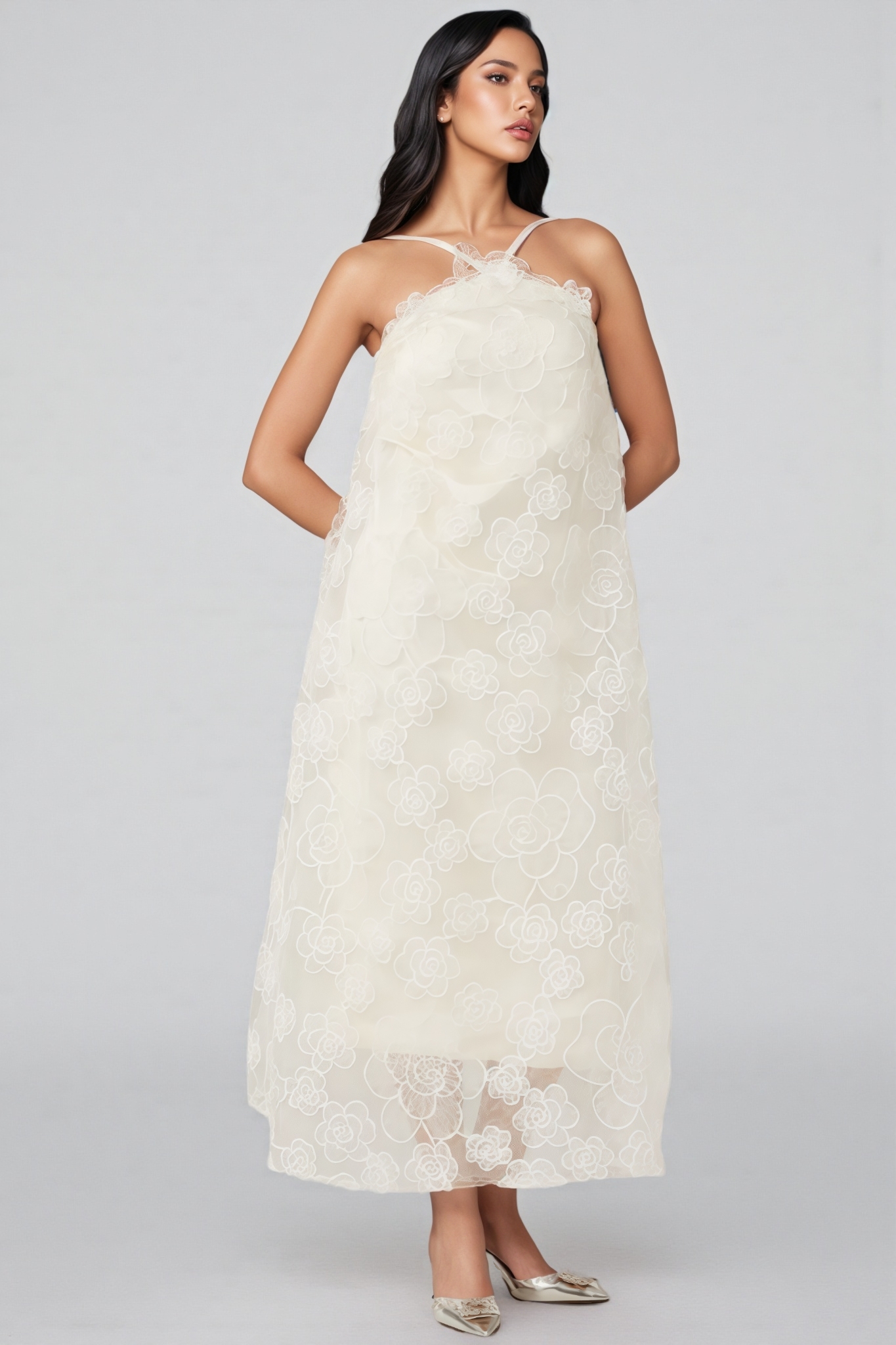 Eamon Neckless Backless Mesh Midi Dress