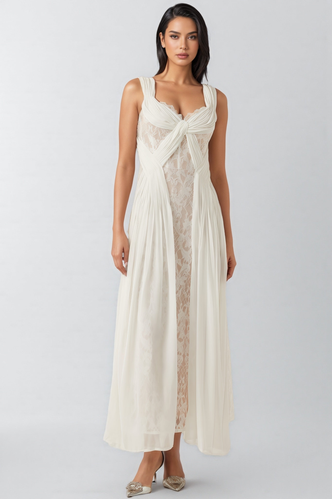 Layana White Lace Pleated Maxi Dress