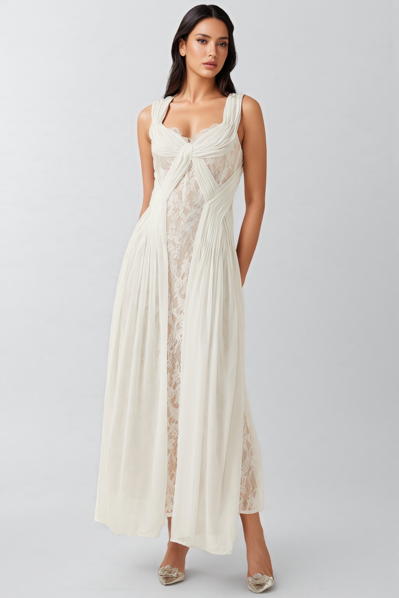 Layana White Lace Pleated Maxi Dress