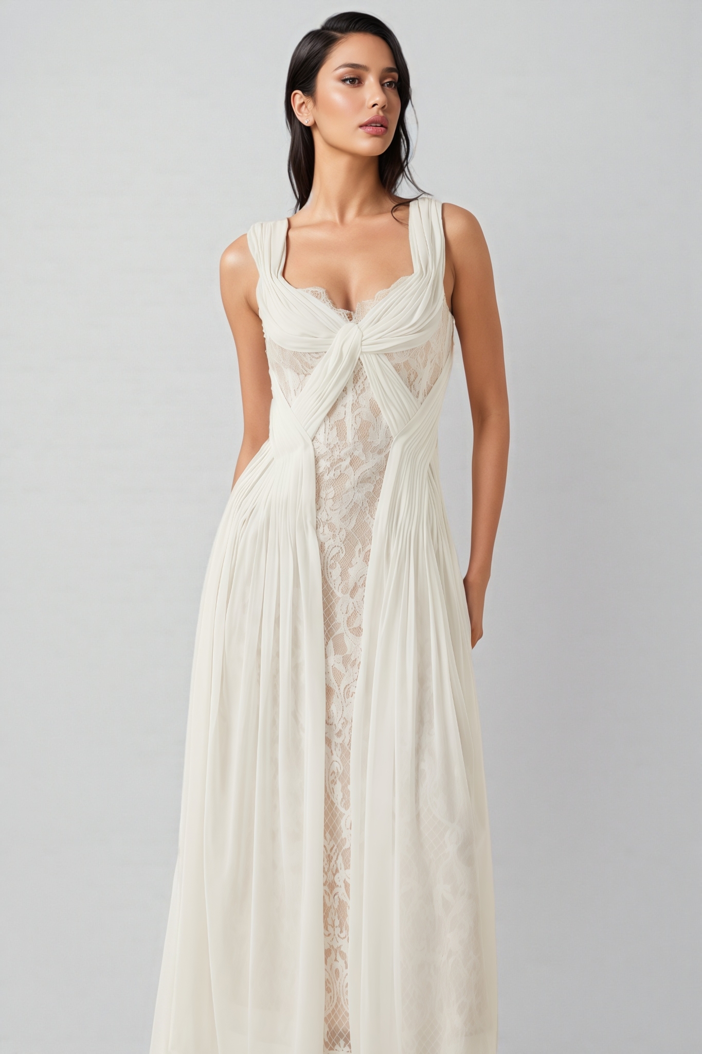 Layana White Lace Pleated Maxi Dress